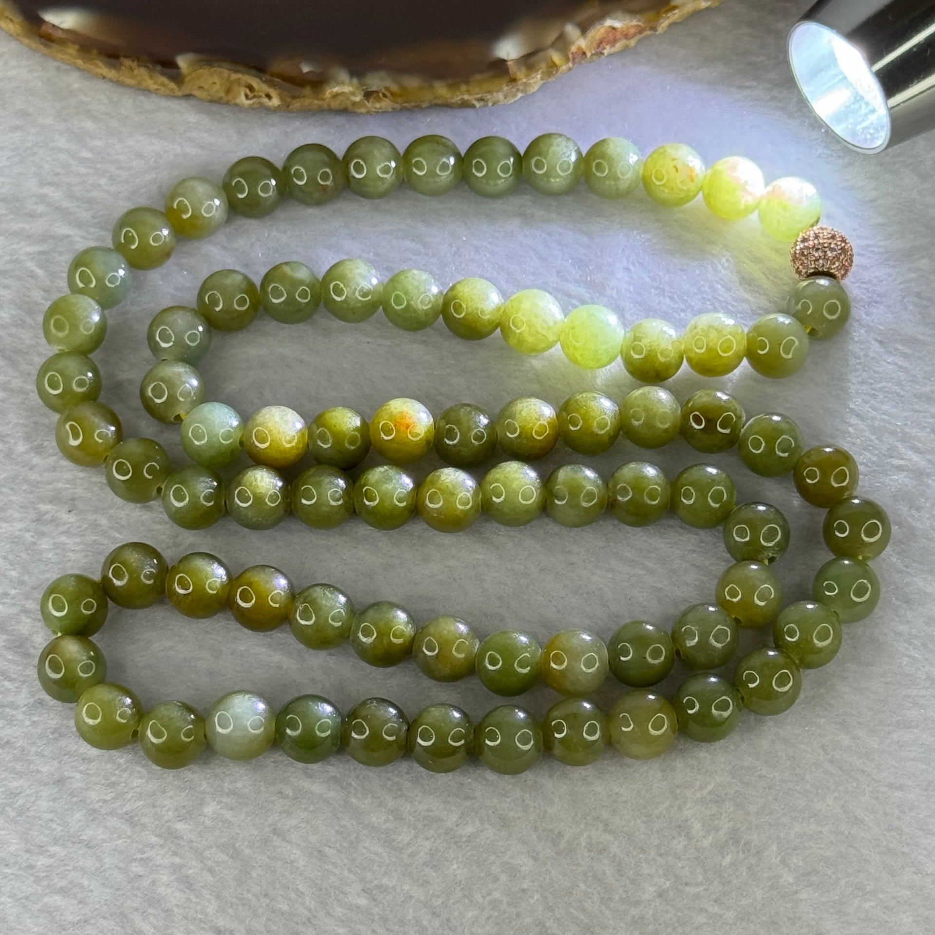 Type A Green with Yellow Jadeite Beads Necklace 72.55g 60cm 8.3mm 78 Beads - Huangs Jadeite and Jewelry Pte Ltd