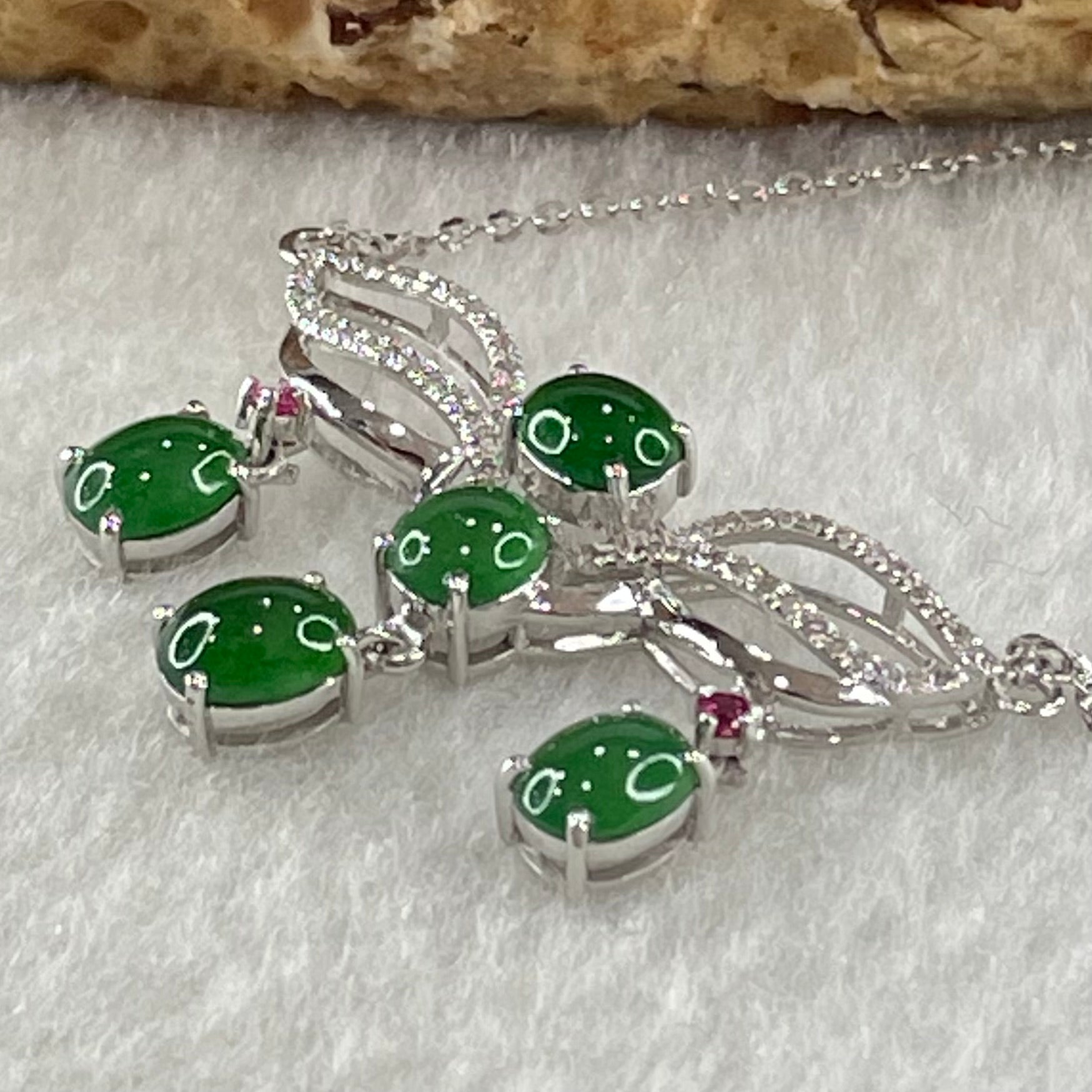 Type A Icy Green Cabouchons with Diamonds in 18K White Gold Necklace 3.48g each about 4.9 by 3.9 by 2.8mm 5 pieces - Huangs Jadeite and Jewelry Pte Ltd