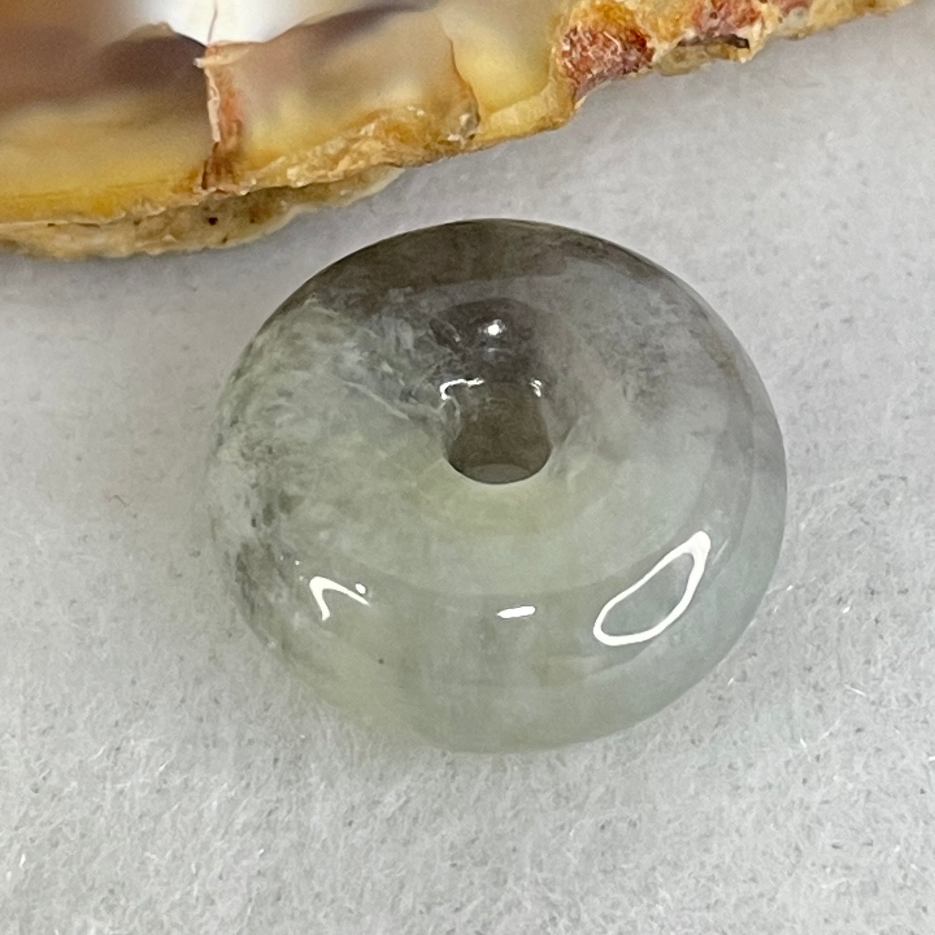 Type A Semi Icy Light Green With Wuji Grey Piao Hua Jadeite Ping An Kou Charm/Pendant 2.50g 13.9 by 6.1mm - Huangs Jadeite and Jewelry Pte Ltd