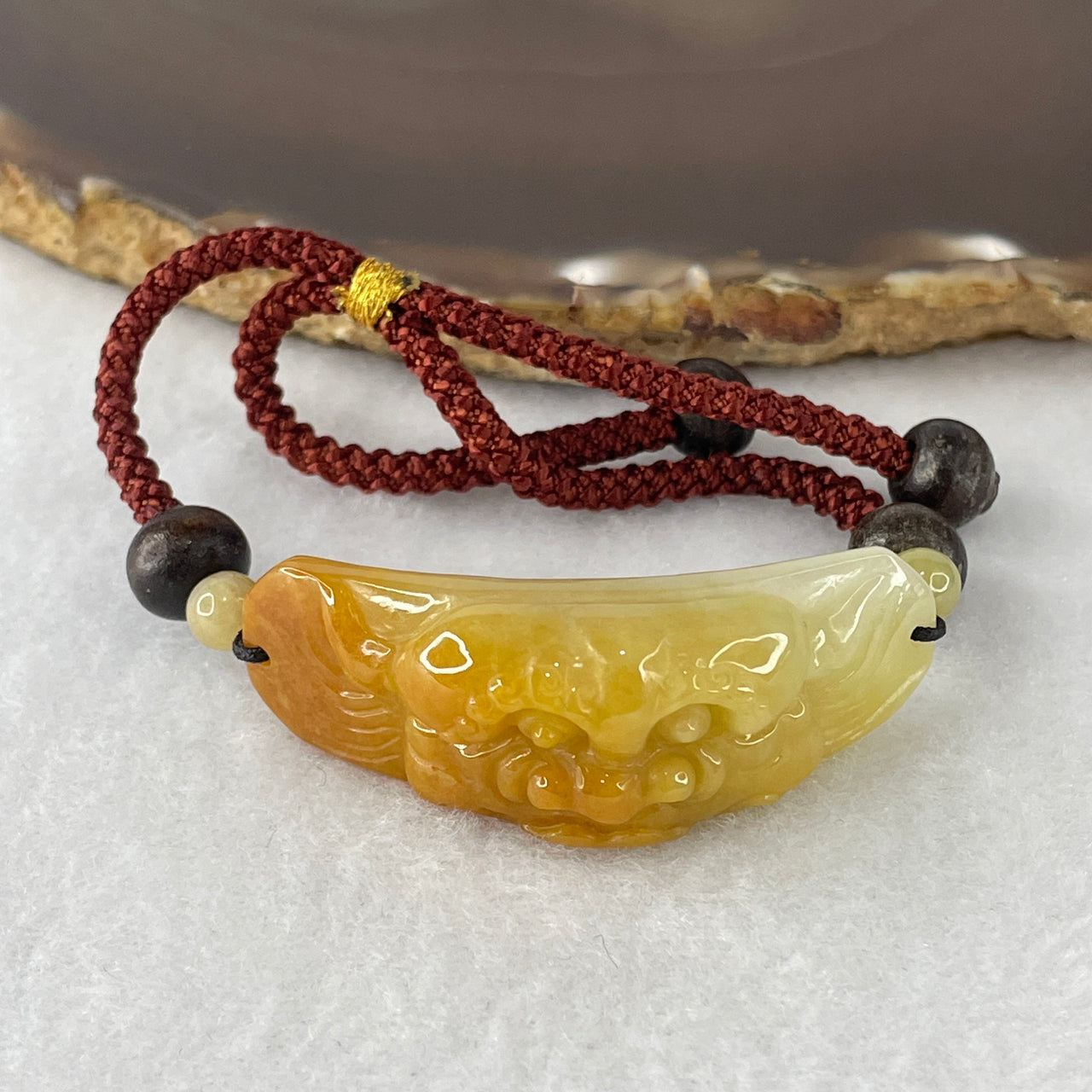 Certified Natural Type A Brownish & Light Green Jadeite Guardian Lion Face Bracelet | Premium Adjustable Heavy Cord Strand | Authentic Myanmar Feicui "Rui Shi" Supreme Protection Talisman (15.77g | 47.1x16.8x10.8mm )