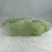 Natural Green Serpentine Double Magpies Birds on Mountain with Flower on Vase with Wooden Stand Display 553.8g 180.0 by 95.0 by 170.0mm - Huangs Jadeite and Jewelry Pte Ltd