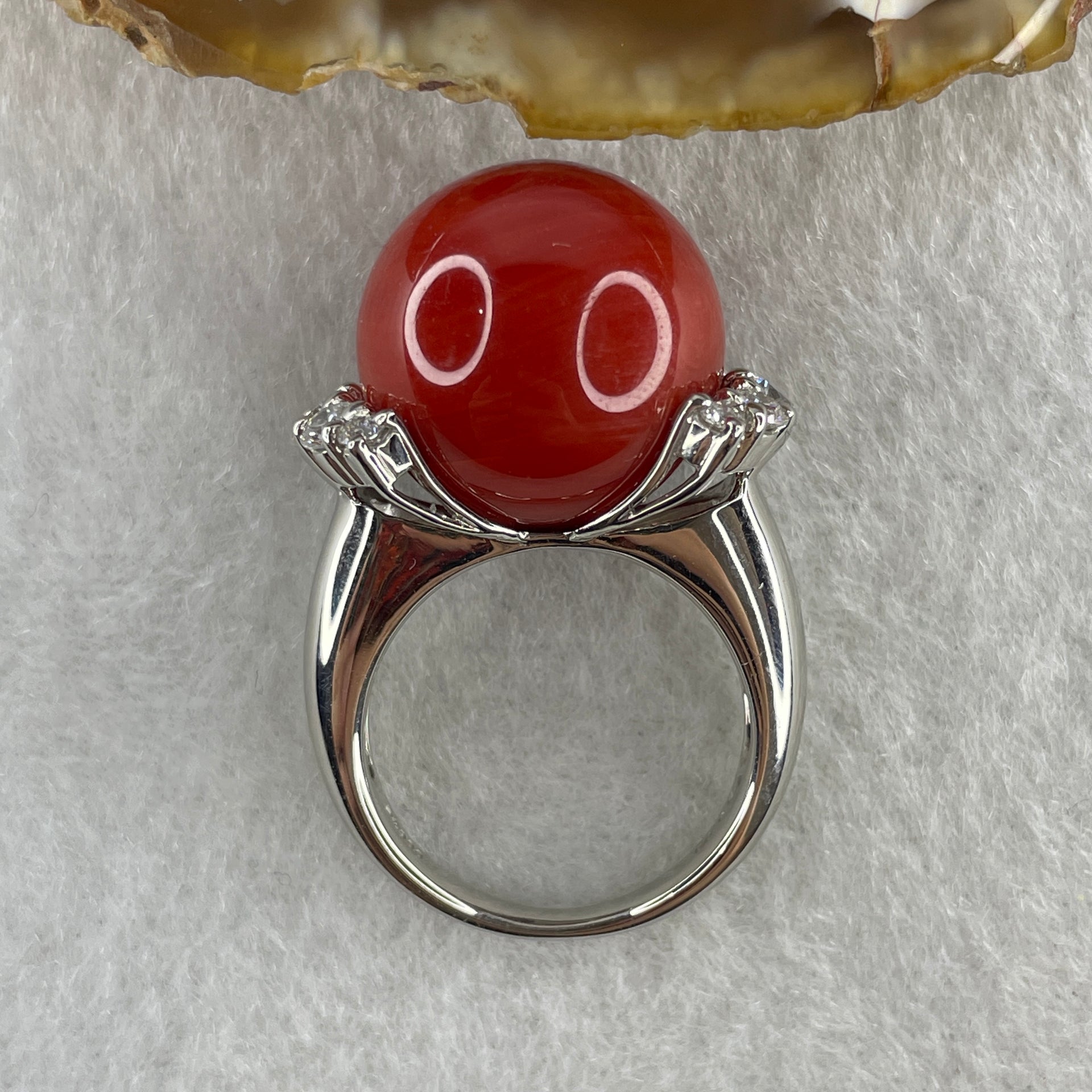 Rare Exceptional Grade Natural Round Red Coral 16.2mm with Natural Diamonds in PT900 Platinum Ring D0.85ct Total 16.2g US6.75 HK14.5 - Huangs Jadeite and Jewelry Pte Ltd