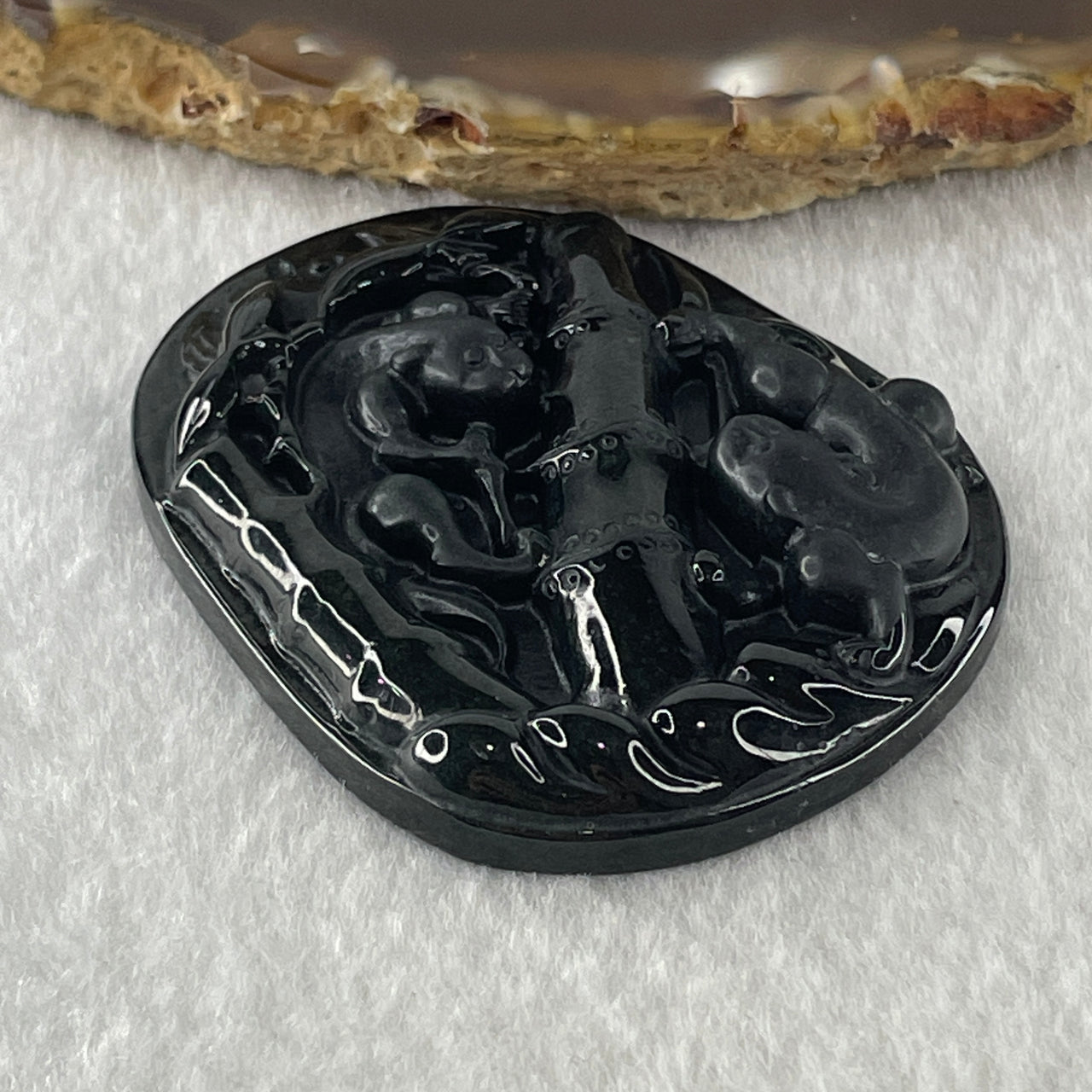 Type A Opaque to Partial Translucent Black Omphacite Jadeite Pixiu Pair with Bamboo Pendant 24.47g 53.7 by 43.2 by 8.4mm - Huangs Jadeite and Jewelry Pte Ltd