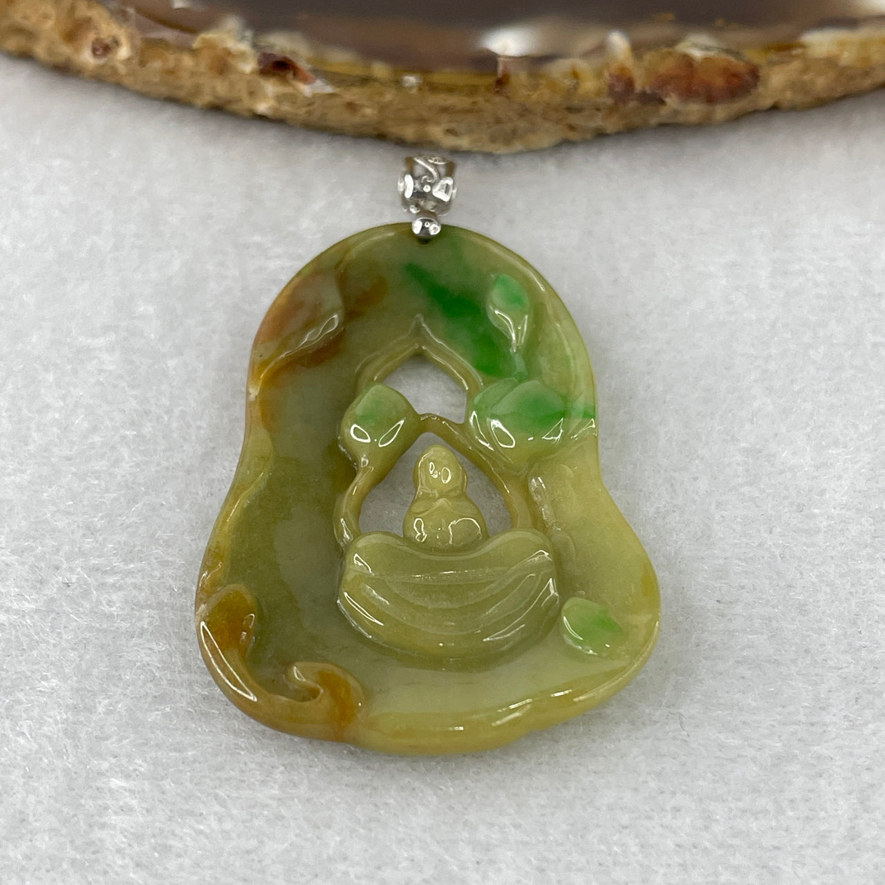 Certified Natural Type A Multi-Color Yellowish, Green & Brownish Jadeite Gui Ren Pendant | Premium S925 Sterling Silver Clasp | Authentic Myanmar Feicui Noble Benefactor, Success & Protection Amulet (9.64g | 48.5x29.7x4.3mm)