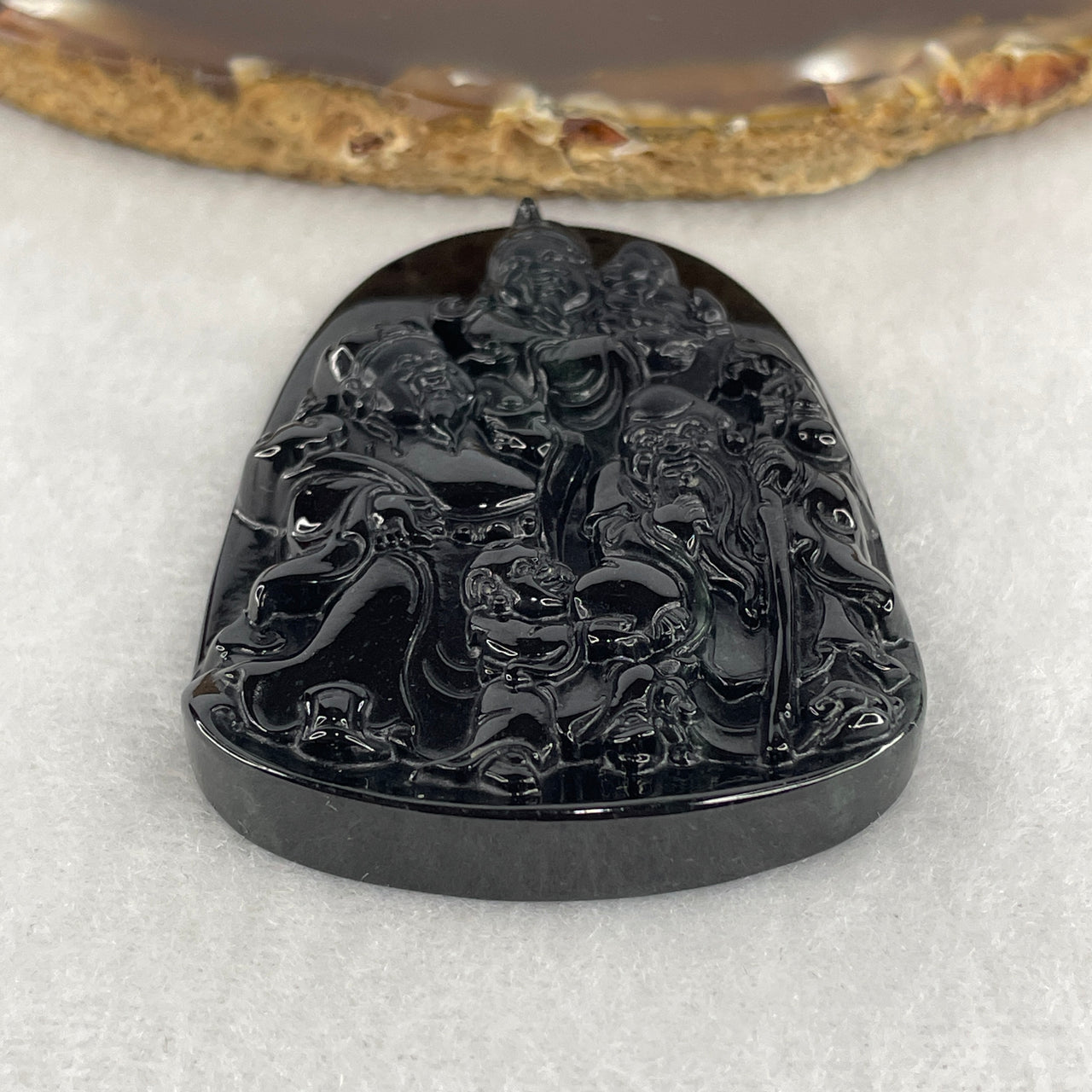 Certified Type A Opaque Black Omphacite Jadeite Fu Lu Shou Pendant | Three Star Deities Prosperity, Status & Longevity Talisman (37.40g | 60.9 x 43.7 x 8.5mm)