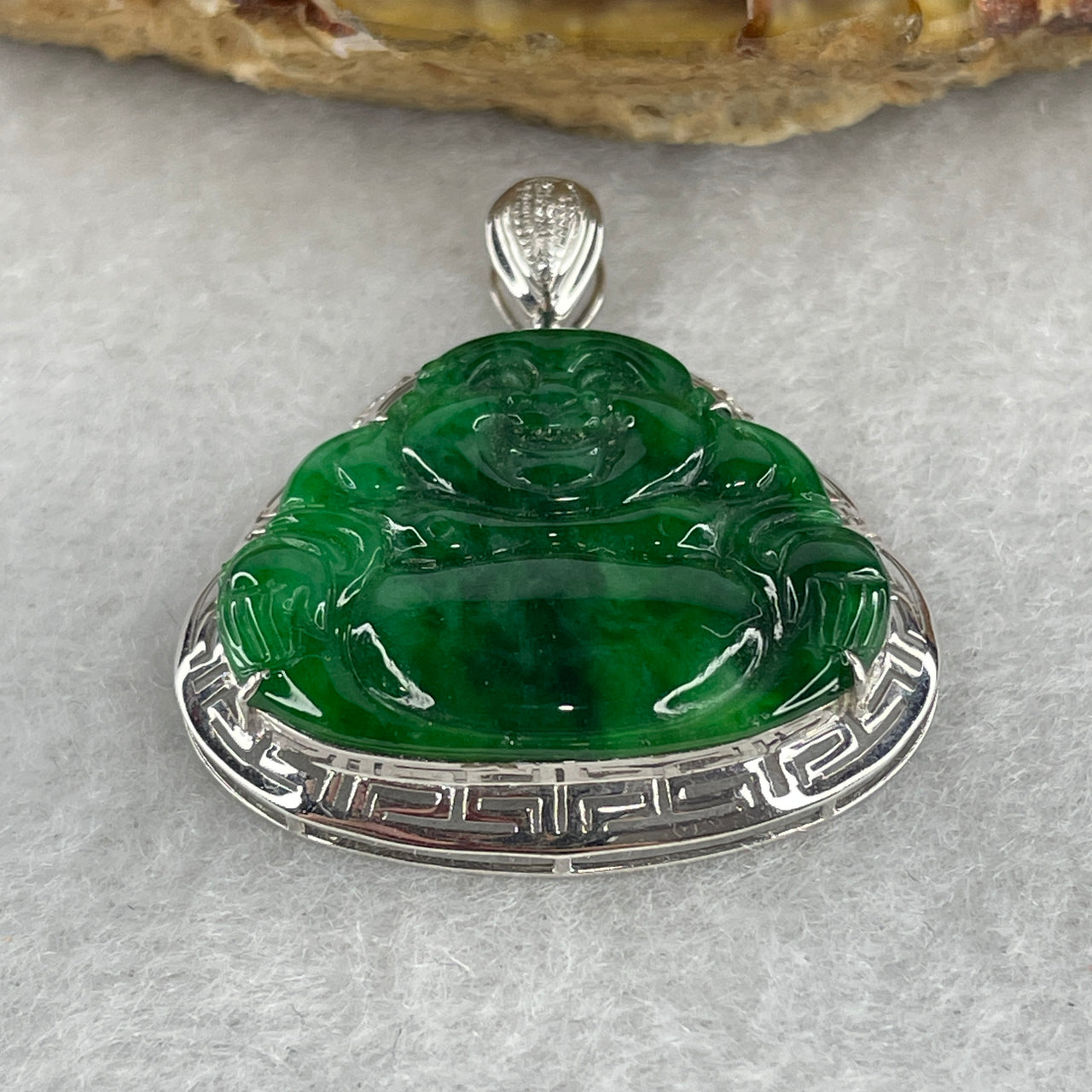 Type A Burmese Intense Spicy Green Jadeite Milo Laughing Buddha Pendant Setting 18k White Gold with Diamonds 3.74g 29.2 by 26.4 by 5.9mm