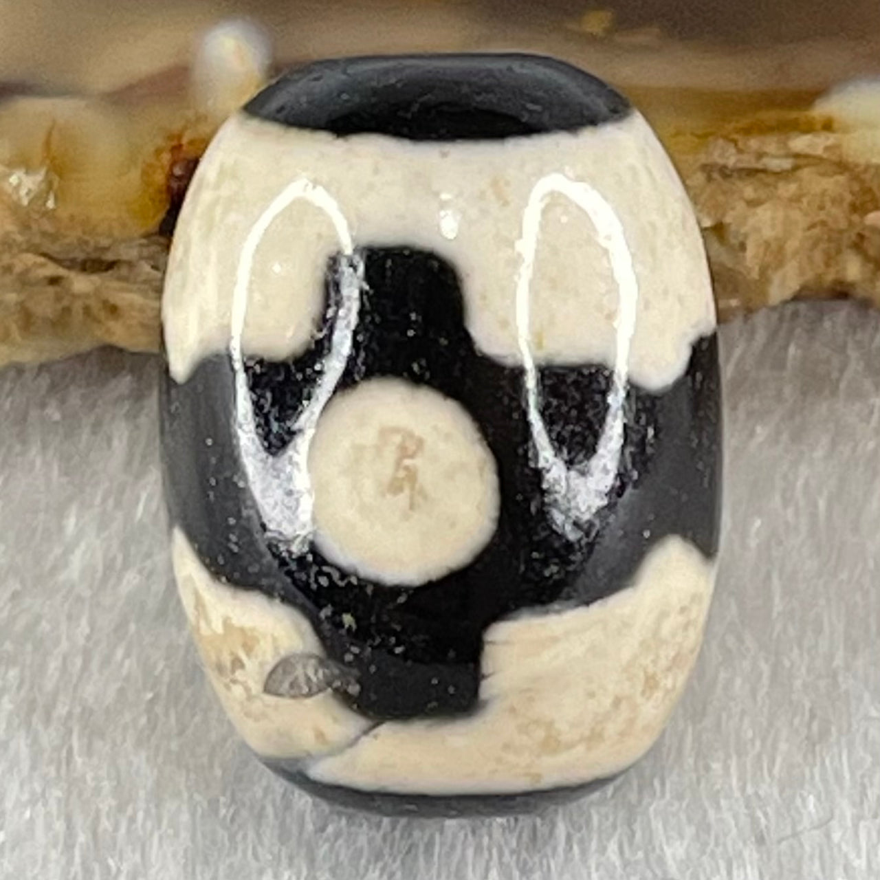 Natural Powerful Tibetan Old Oily Dark Brown With White Agate 3 Eyes Dzi Bead Heavenly Master (Tian Zhu) 三眼天诛 4.90g 17.8 by 13.5mm - Huangs Jadeite and Jewelry Pte Ltd