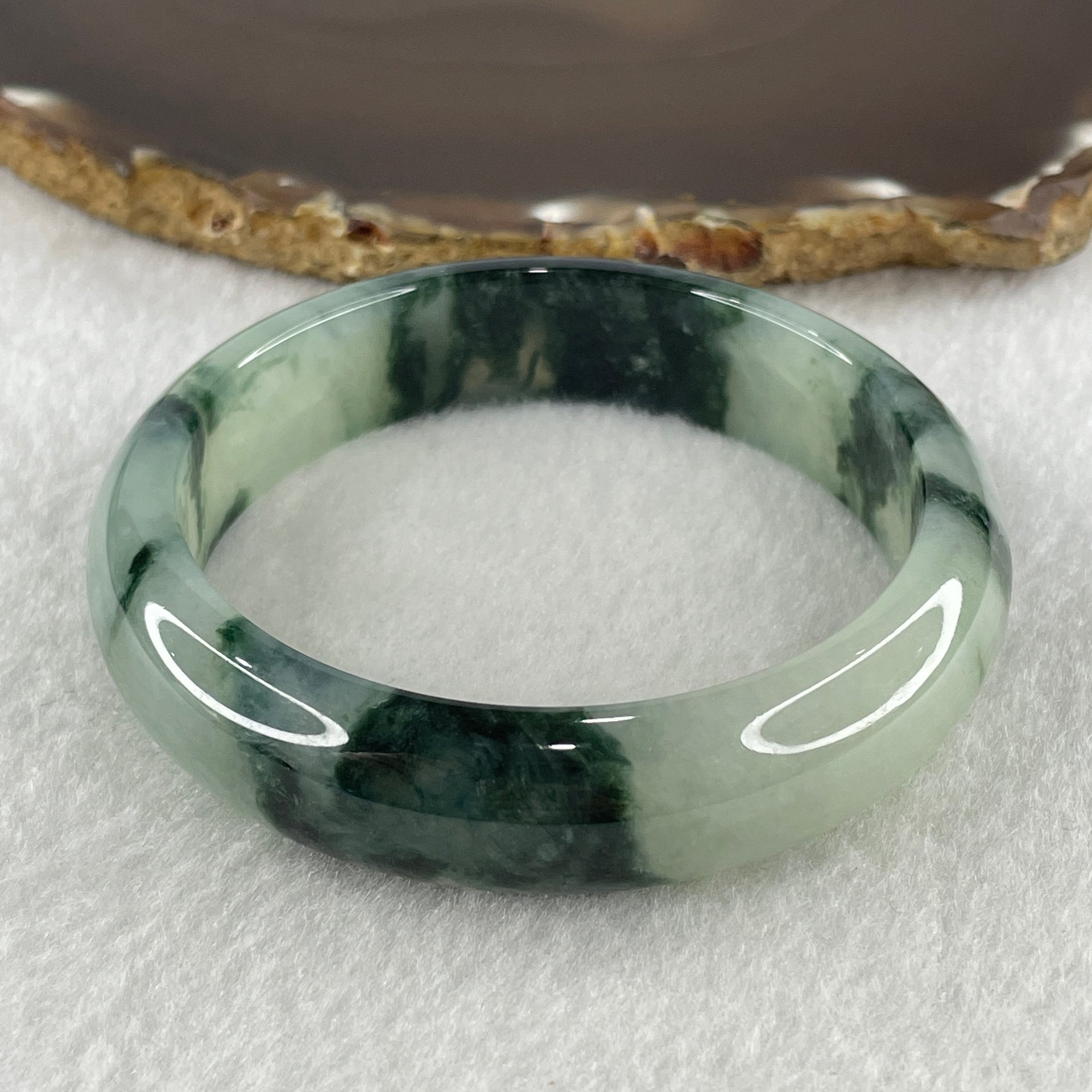 Certified Type A Natural Jelly Light Green with Dark Green Piao Hua Jadeite Bangle 65.93g Inner Diameter 58.6mm 14.9 by 8.0mm (Very Very Slight Internal Line) - Huangs Jadeite and Jewelry Pte Ltd