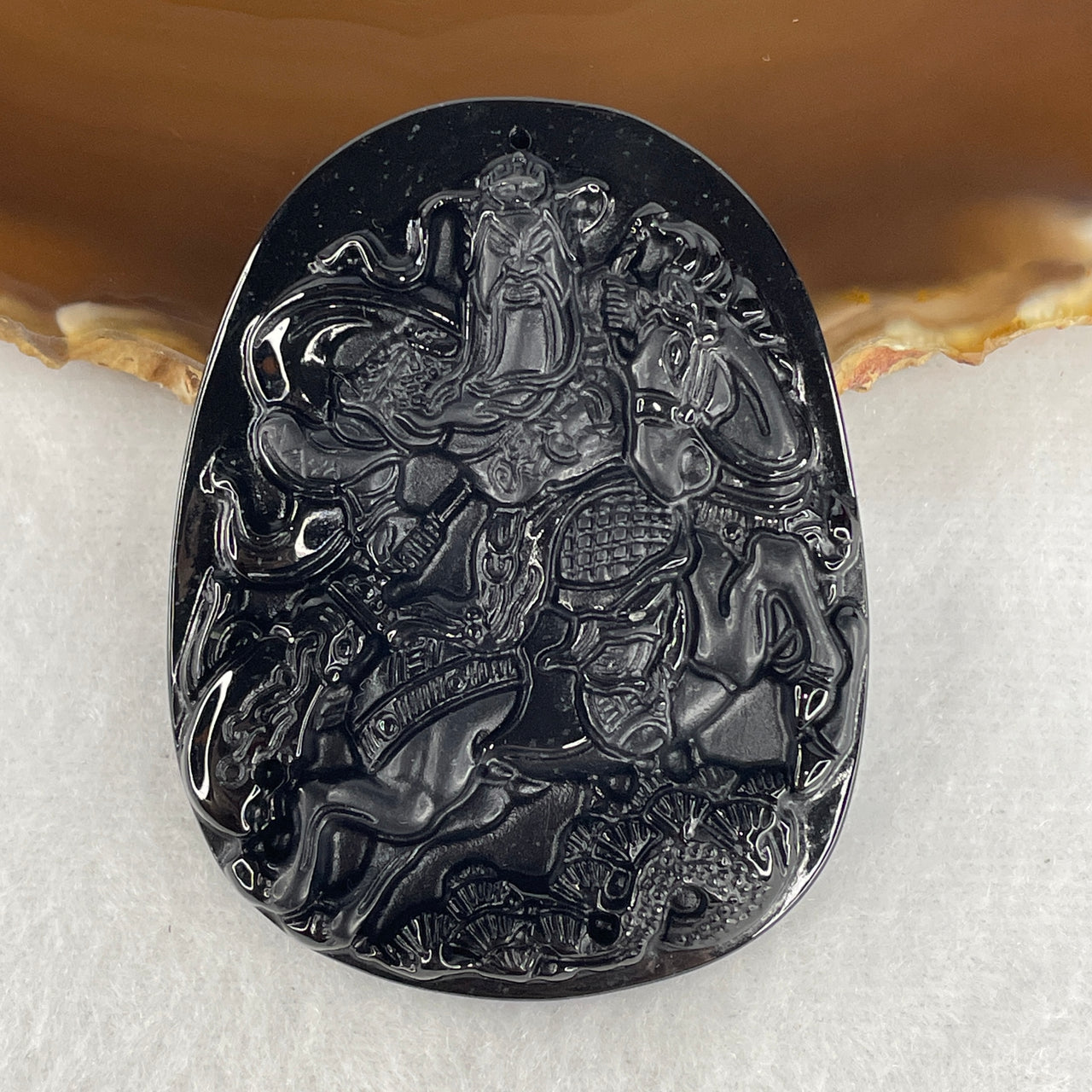 Certified Type A Opaque Black Omphacite Jadeite Guan Gong on Champion Stallion Pendant | 60mm Natural Black Jade Martial God of Wealth & Victory Talisman (28.83g | 60.3 x 46.9 x 8.0mm)