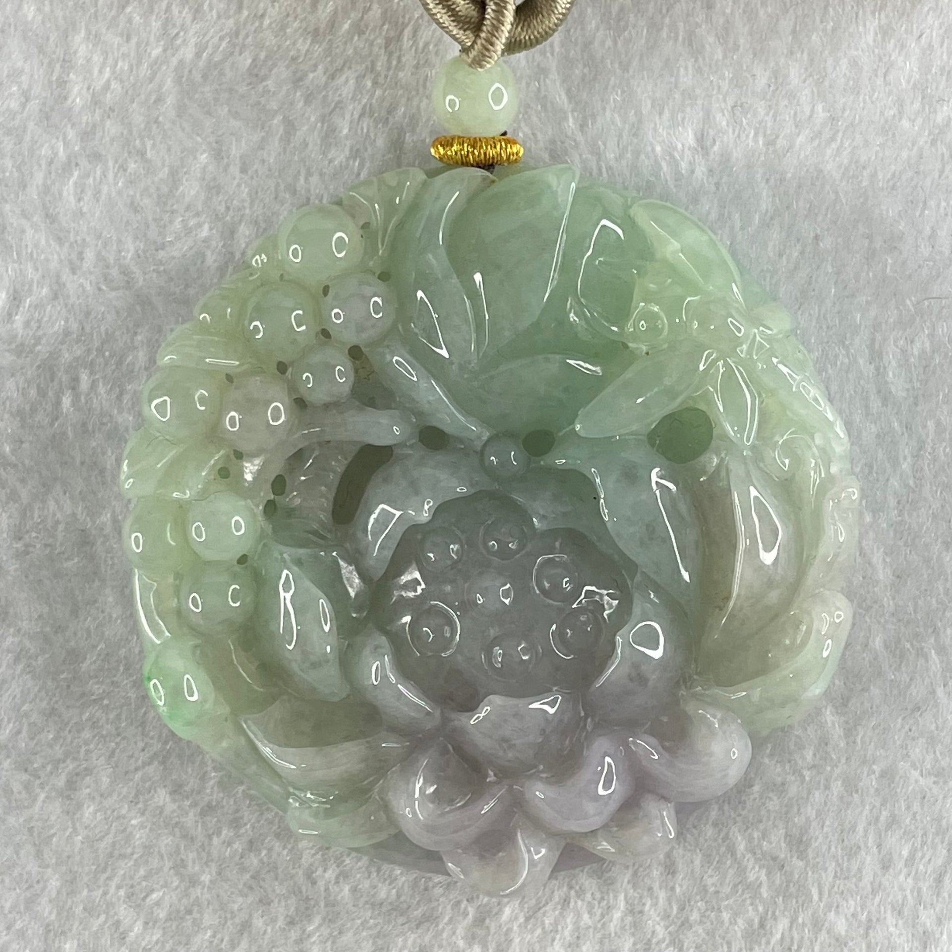 Grandmaster Type A Blueish Green and Lavender Jadeite Insect And Flower Pendant 和和美美 79.16g 58.1 by 58.1 by 13.5mm - Huangs Jadeite and Jewelry Pte Ltd
