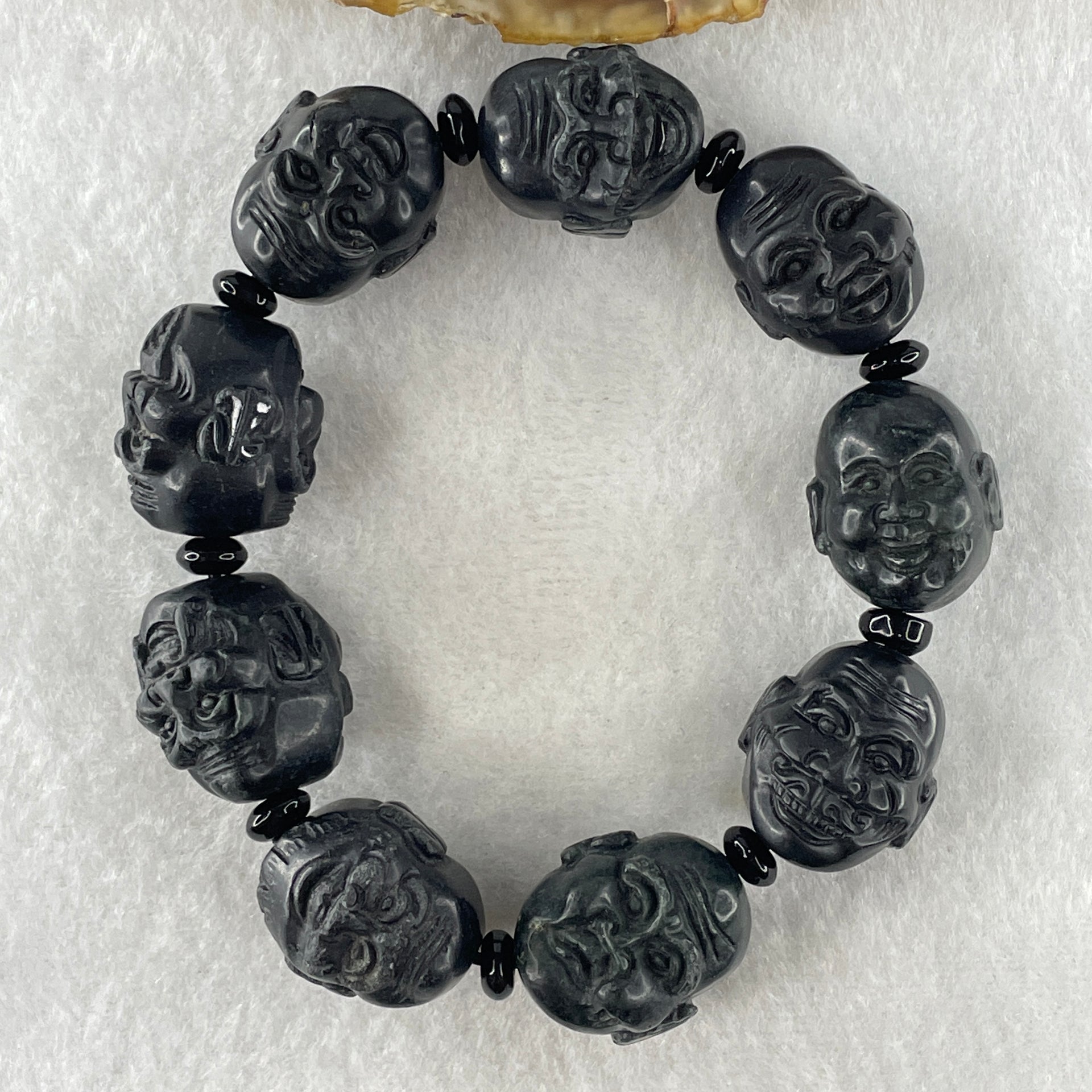 Type A Opaque Black Omphacite Jadeite Eighteen Arhats or 18 Luohans  十八羅漢 Head Beads Bracelet 101.90g 16cm 19.9mm 9 Beads - Huangs Jadeite and Jewelry Pte Ltd