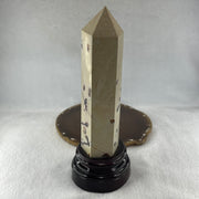 Natural Ligh Brown with Dark Brown Patches Dendritic Jasper Tower with Wooden Stand 681.17g 79.6 by 73.9 by 200.0mm - Huangs Jadeite and Jewelry Pte Ltd