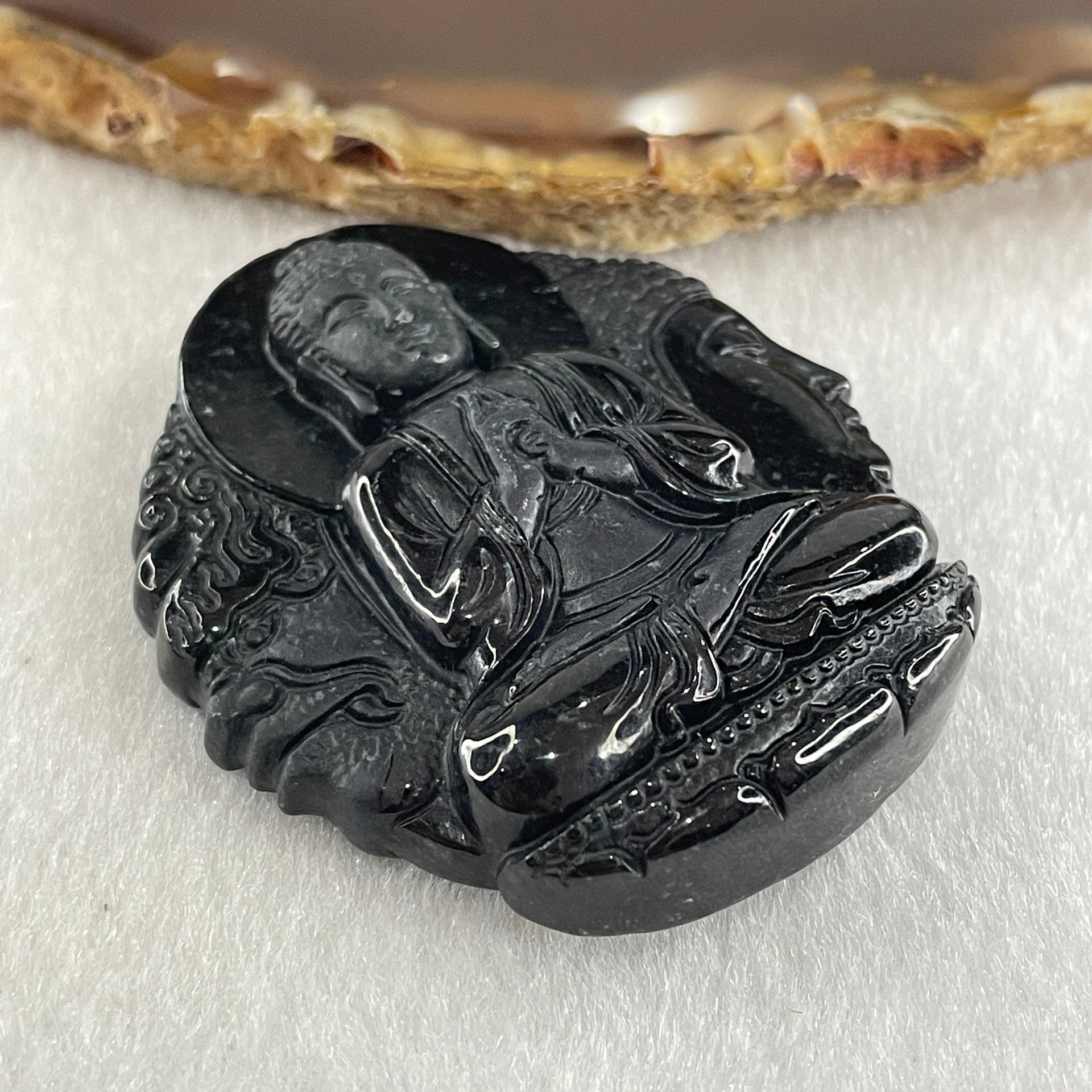 Type A Opaque Black Omphacite Jadeite Good Vs Evil Amitabha Buddha Pendant Dog and Boar Pig Zodiac Guardian 45.89g 49.6 by 43.7 by 12.5mm - Huangs Jadeite and Jewelry Pte Ltd