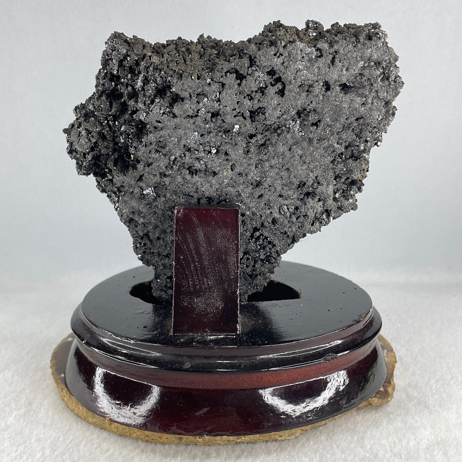 Natural Black Moissanite Rough Display with Wooden Stand 1,419.6g by 145.0 by 140.0 by 135.0mm - Huangs Jadeite and Jewelry Pte Ltd