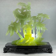 Natural Green Serpentine Double Phoenix with Bamboo Treen and Flower with Wooden Stand Display 1,096.7g 220.0 by 130.0 by 220.0mm - Huangs Jadeite and Jewelry Pte Ltd