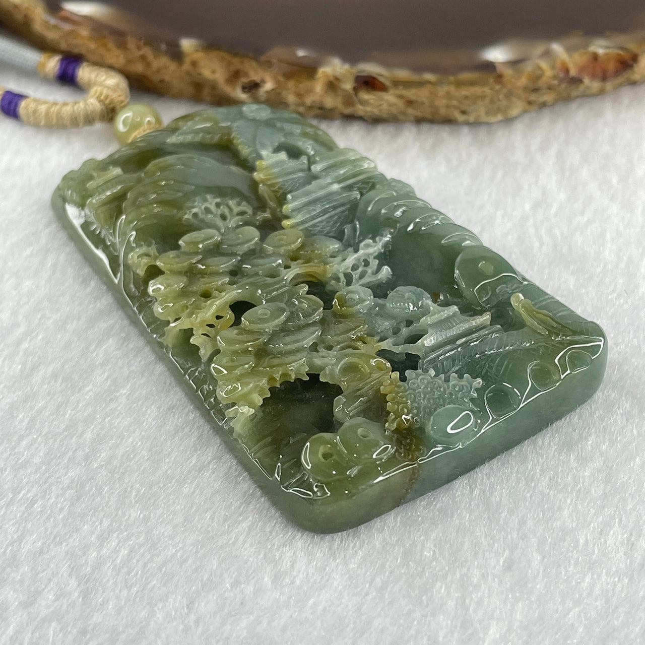 Grand Master Type Green with Brownish Yellow Jadeite Shan Shui with Gui Ren with Dragon Pendant 62.97g 67.6 by 41.8 by 9.5mm
