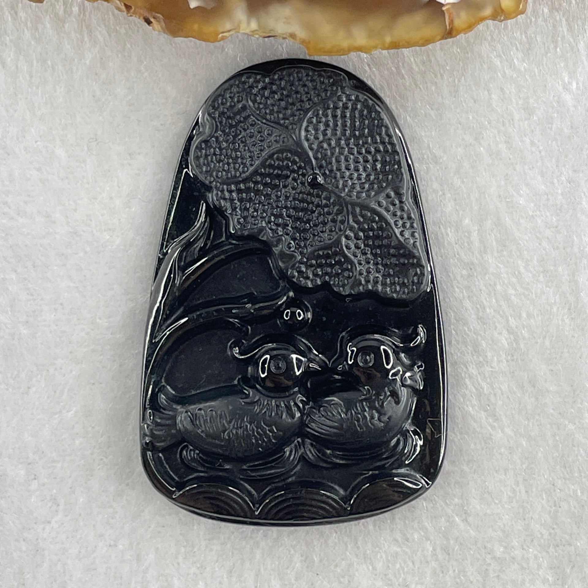 Type A Opaque to Partial Translucent Black Omphacite Jadeite Mandarin Ducks Pair and Lotus Leaf Pendant 20.70g 51.7 by 33.7 by 8.6mm - Huangs Jadeite and Jewelry Pte Ltd