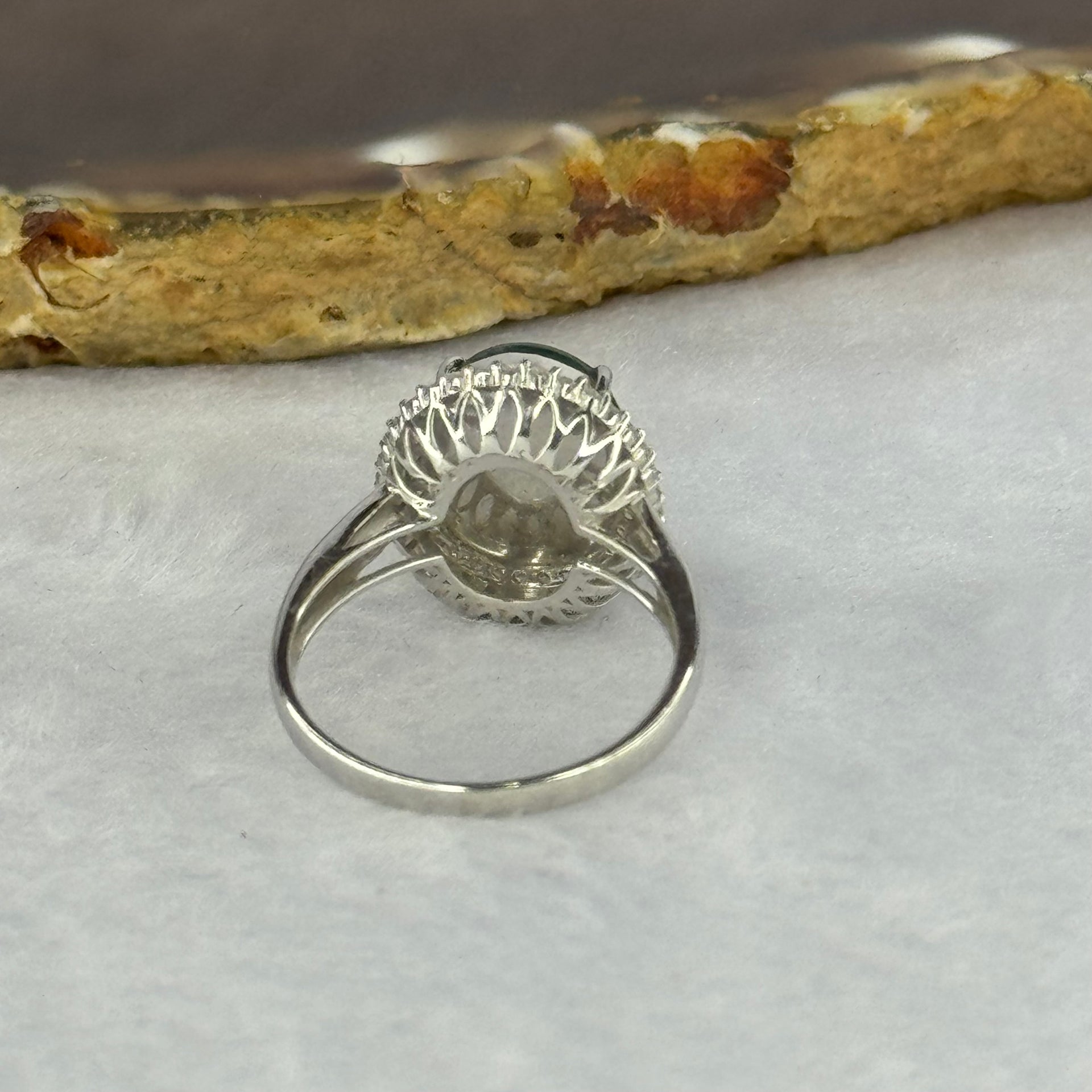 Type A Green Jadeite with Diamonds in 18K White Gold 3.60g 11.5 by 9.3 by 4.2mm - Huangs Jadeite and Jewelry Pte Ltd