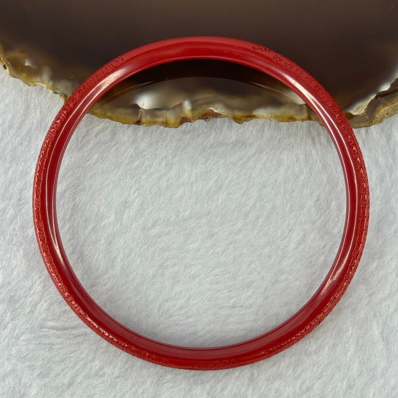 Natural Red Cinnabar Bangle with Inscription 15.30g Internal Diameter 60.7mm 5.3 by 5.5mm - Huangs Jadeite and Jewelry Pte Ltd