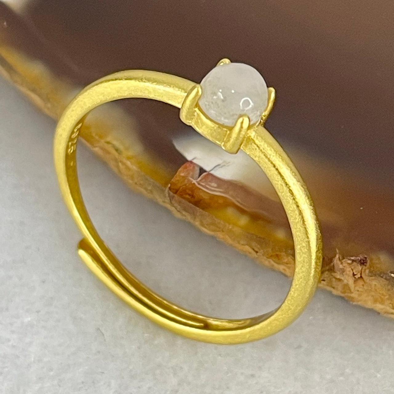 Type A Semi Icy Faint Lavender Cabochon Jadeite in S925 Sliver Gold Color Ring (Adjustable Size) 1.07g 4.4 by 3.0mm - Huangs Jadeite and Jewelry Pte Ltd