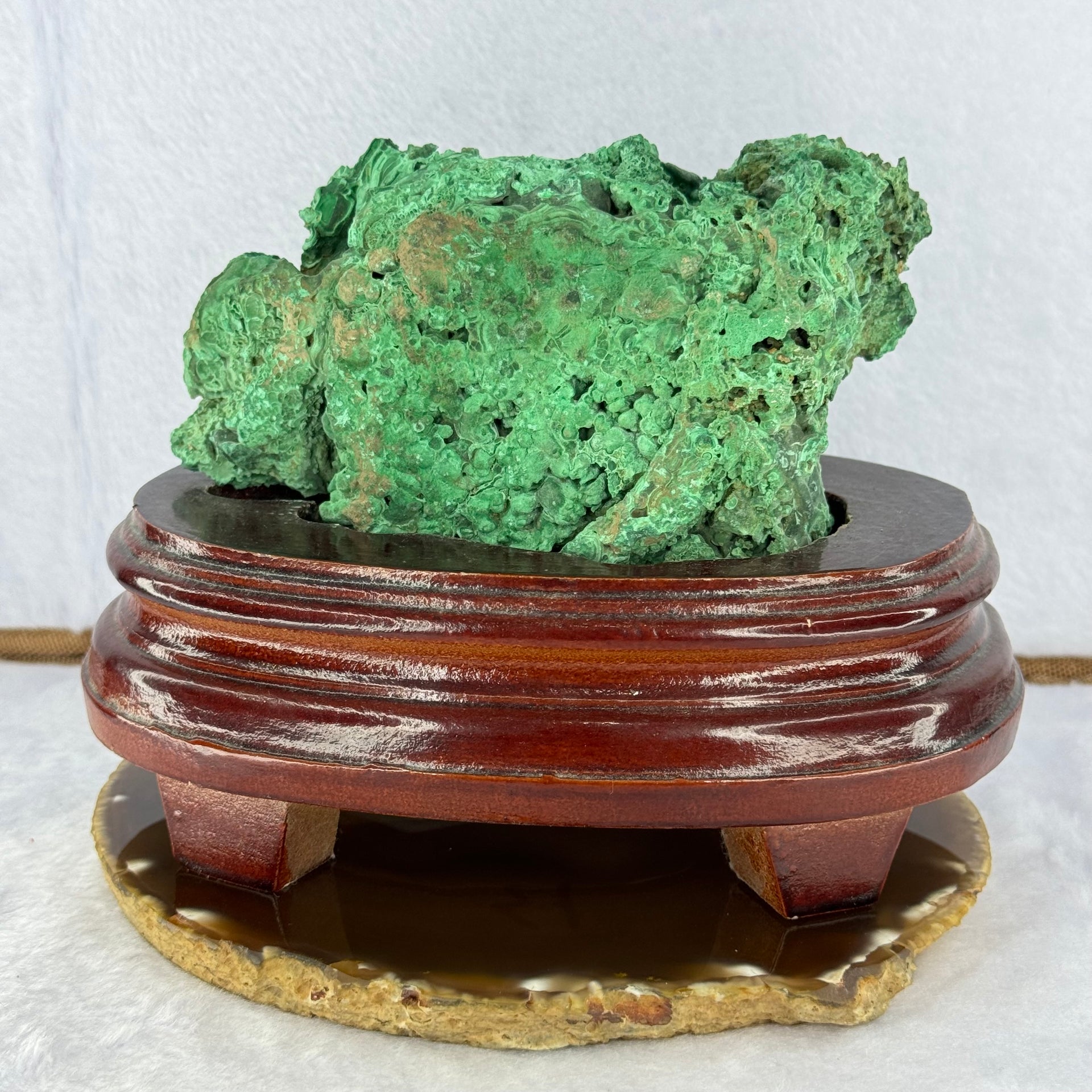Natural Malachite Raw Stone Specimen Display in Wooden Stand 1,045.7g 160.0 by 114.1 by 12.0mm - Huangs Jadeite and Jewelry Pte Ltd