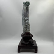 Type A Lavender, Green & Yellow Jade Jadeite Shou Xing Gong with Wooden Stand 财源滚滚 健康长寿 - 3.93kg Dimensions with Stand: 39 by 25 by 15cm Jade Dimensions: 27 by 15 by 7cm - Huangs Jadeite and Jewelry Pte Ltd