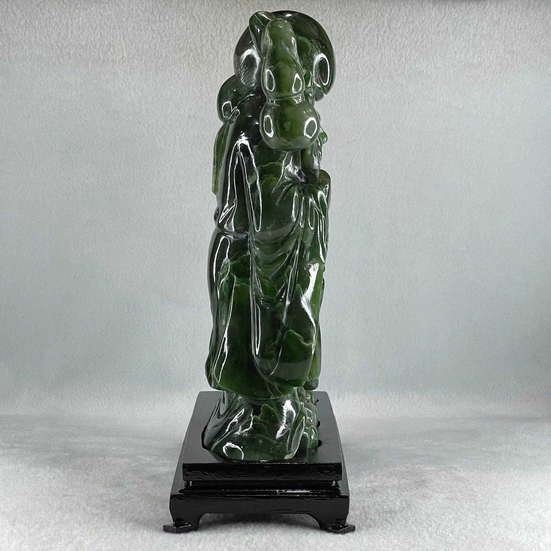 Natural Dark Green Serpentine Shou Xing Gong and Tong Zi and Longevity Peach with Wooden Stand Display 3,091.3g 193.0 by 95.0 by 257.0mm - Huangs Jadeite and Jewelry Pte Ltd