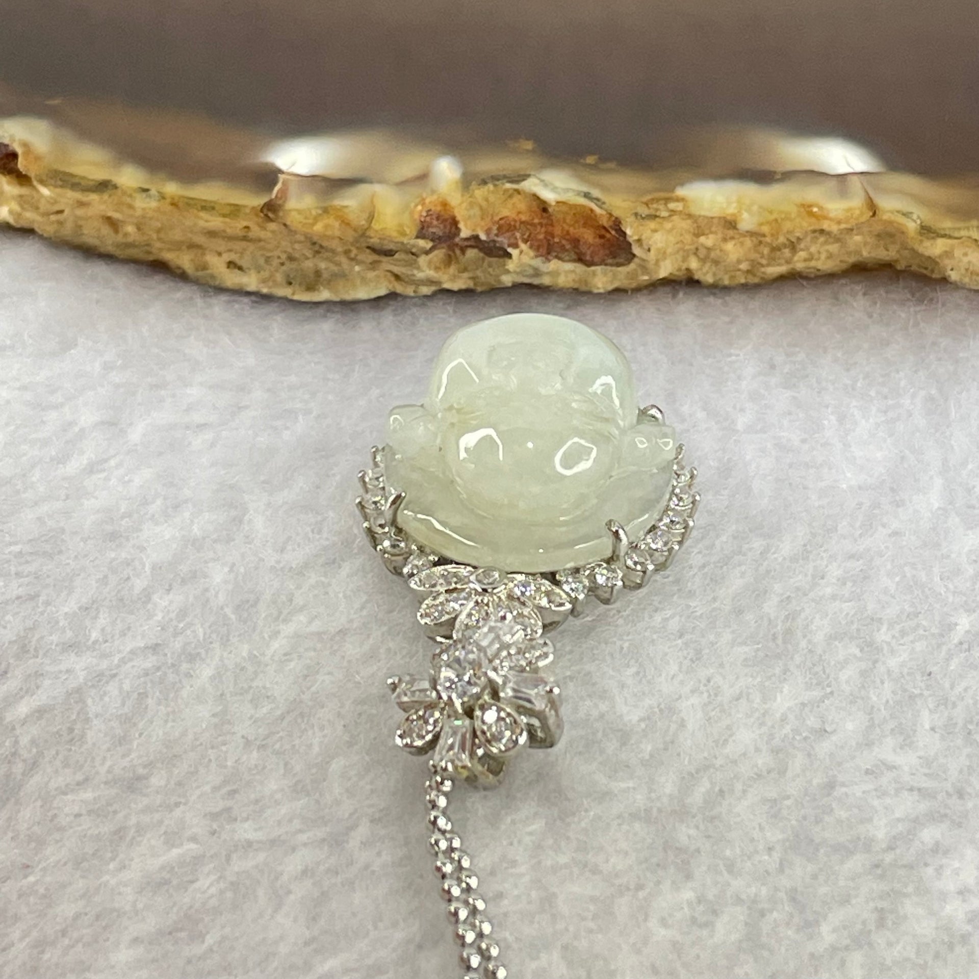 Type A Faint Green Lavender Milo Buddha with Crystals in S925 Sliver Pendant and Necklace 8.07g 16.6 by 16.6 by 8.0mm - Huangs Jadeite and Jewelry Pte Ltd