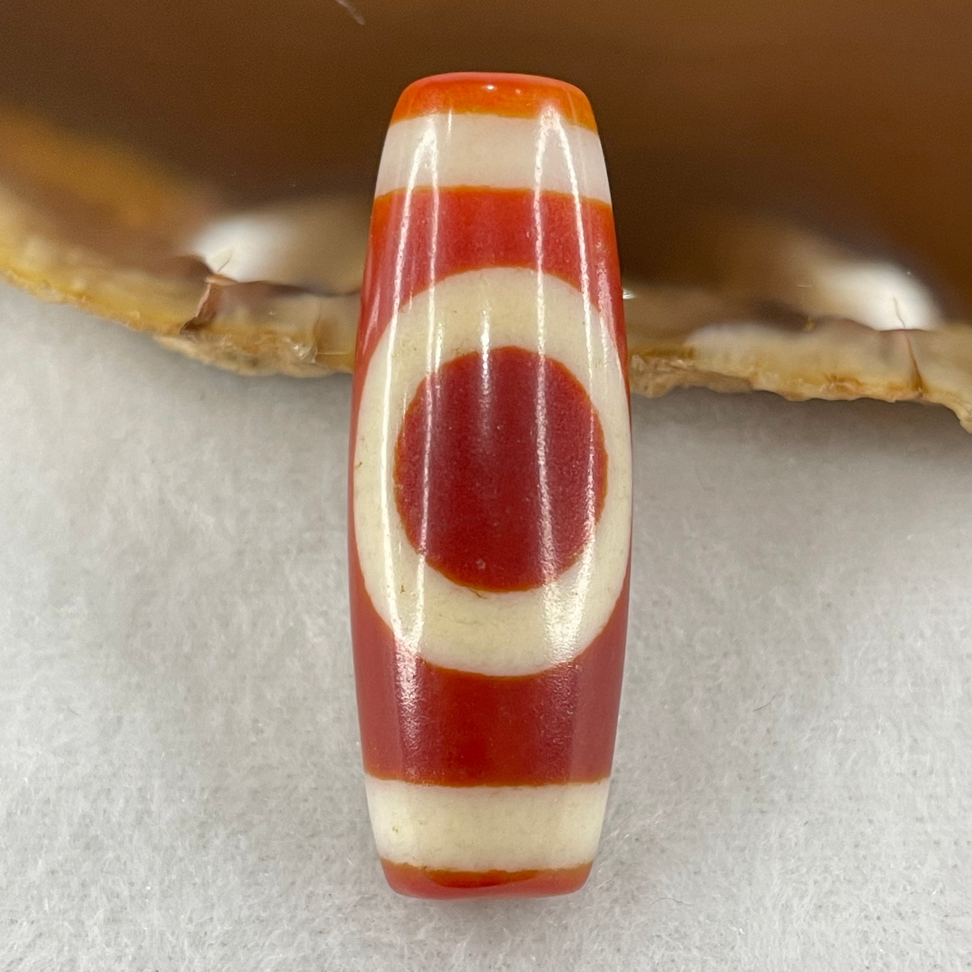 Natural Powerful Tibetan Old Oily Red White Agate One Eye Fire Sign Dzi Bead Heavenly Master (Tian Zhu) 一眼火天珠 10.81g 38.4 by 13.4mm - Huangs Jadeite and Jewelry Pte Ltd