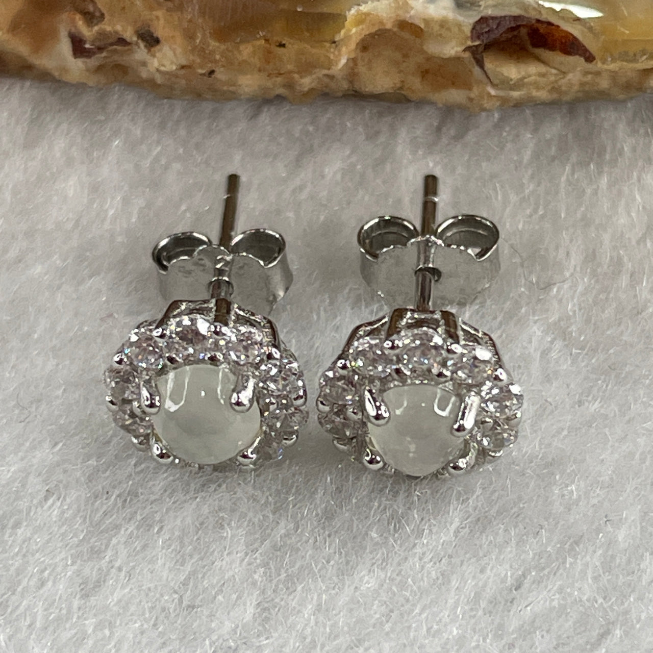 Type A Icy White Jadeite Earring with Cubic Zirconia in S925 Sliver 1.60g 2.5 by 1.5mm