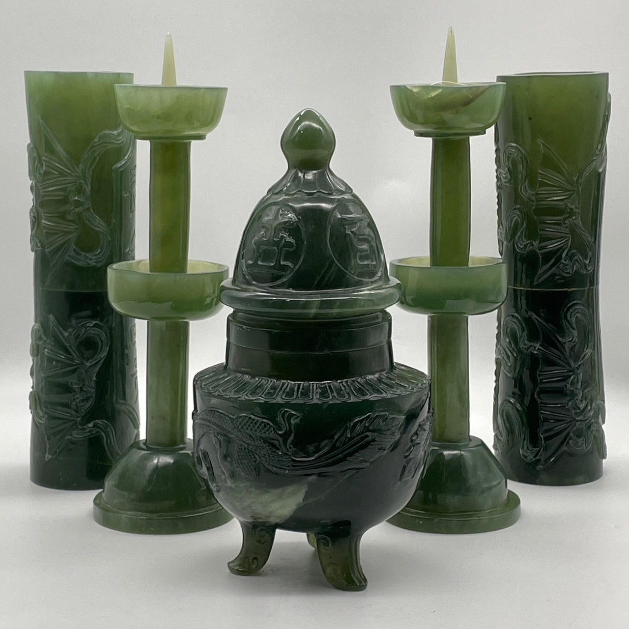 Natural Semi Icy Dark Green Serpentine Set of 5 Vase with Pair of Candle Light and Pair of Flower Vase Display Total 6,345.2g 118.0 by 230.0mm Vase - 80.0 by 270.0mm Light - 678.0 by 245.0mm Flower Vase