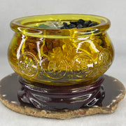 Yellow Liuli Wealth Pot with Five Element Crystal Fragment (Clear Quartz, Black Obsidian, Red Jasper, Citrine, Serpentine) with Wooden Stand Display Total Weight 1,03.48g 118.3 by 62.5mm - Huangs Jadeite and Jewelry Pte Ltd