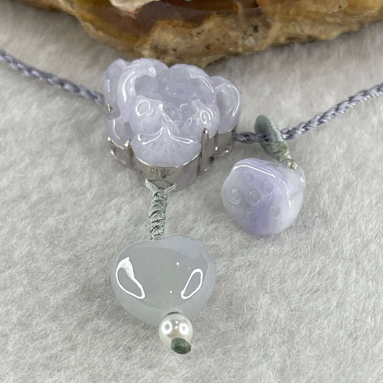 Natural Type A Light Lavender Jadeite Lotus Flower with Heart Shape on String Necklace 6.97g 14.5 by 16.8 by 8.8mm - Huangs Jadeite and Jewelry Pte Ltd