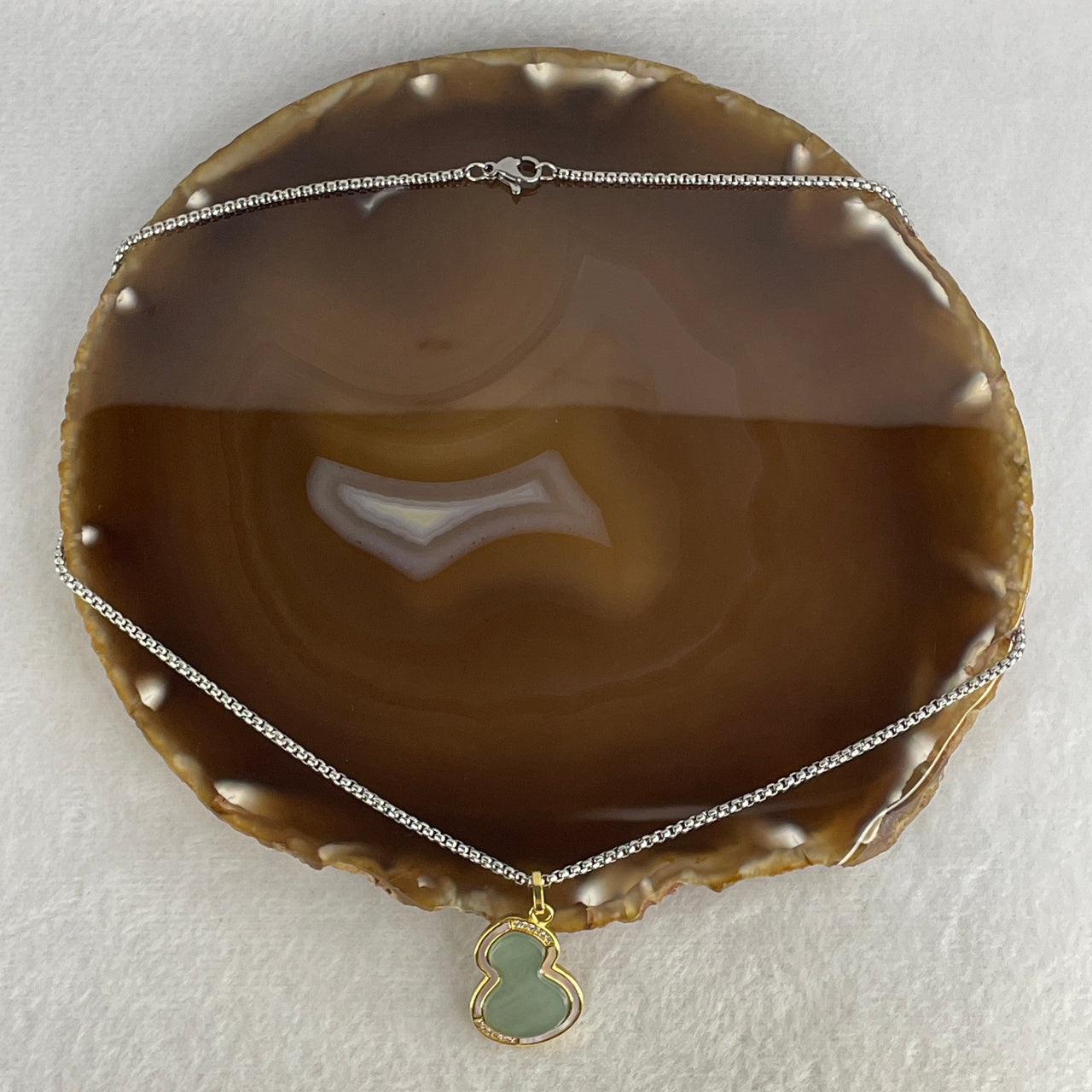 Natural Type A Icy Blueish-Green Jadeite Hulu Pendant | Gold-Tone Finish & Stainless Steel Necklace | 44cm Strand | 18.6x14.0x1.5mm "Sacred Calabash" Prosperity & Lifeforce Amulet (9.78g)