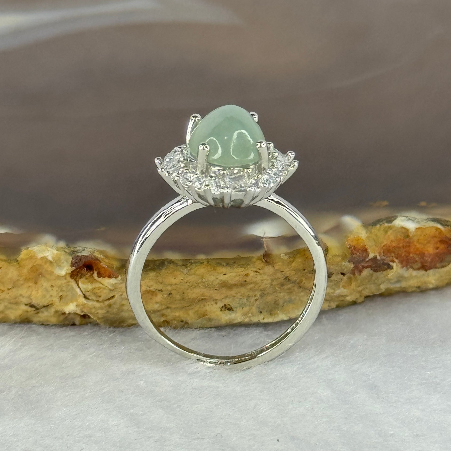 Type A Semi Icy Light Green Jadeite with Crystals in S925 Sliver Ring (Adjustable Size) 2.86g 9.3 by 7.4 by 5.0mm - Huangs Jadeite and Jewelry Pte Ltd