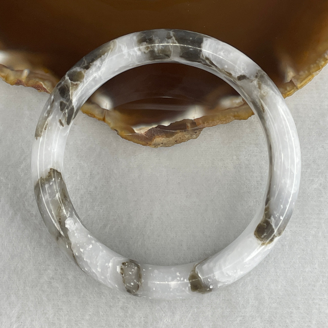 Natural White & Dark Brown Calcite Bangle |  Full-Eternity Armlet & Root-Crown Harmony Talisman (61.28g 14.7 by 8.6mm | 55.6mm Inner Diameter | Internal Line)