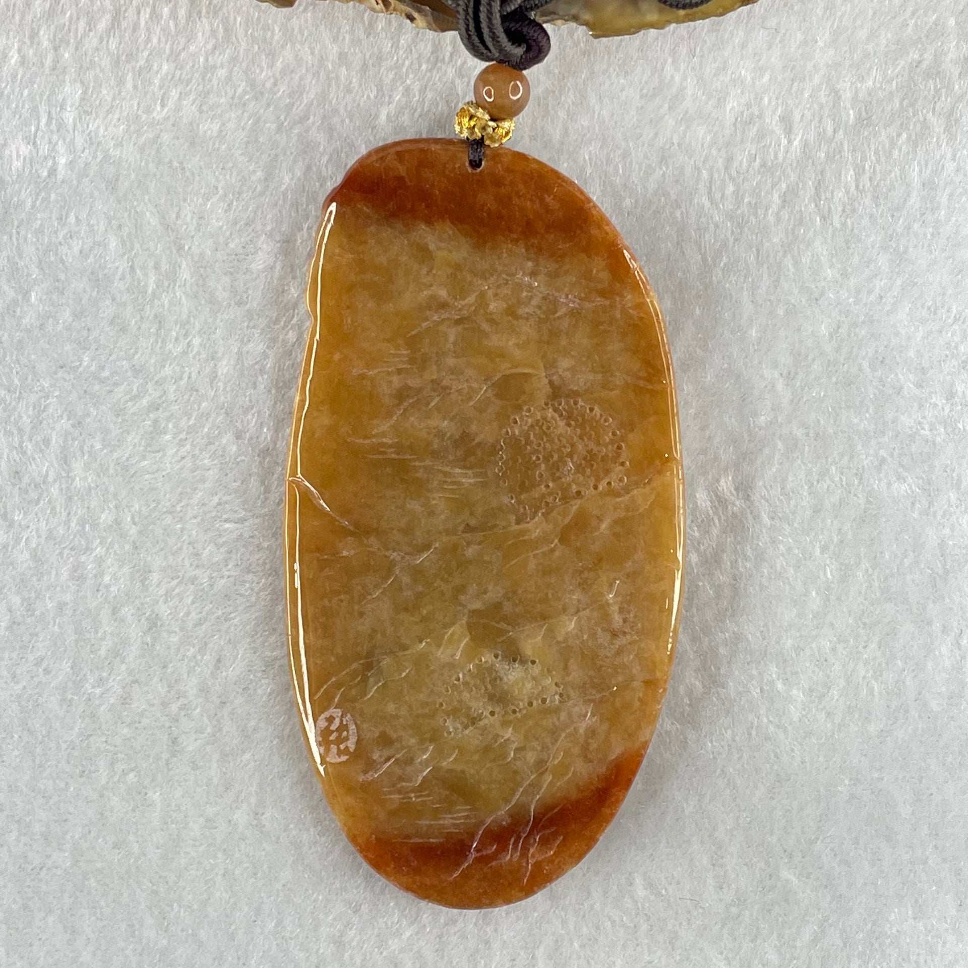 Grandmaster Type A Brown with Reddish  Patches Jadeite Cai Shen with Tong Zi Ingot and Dragon  Pendant 吉星高照 48.68g 76 by 39.7 by 6.3mm - Huangs Jadeite and Jewelry Pte Ltd