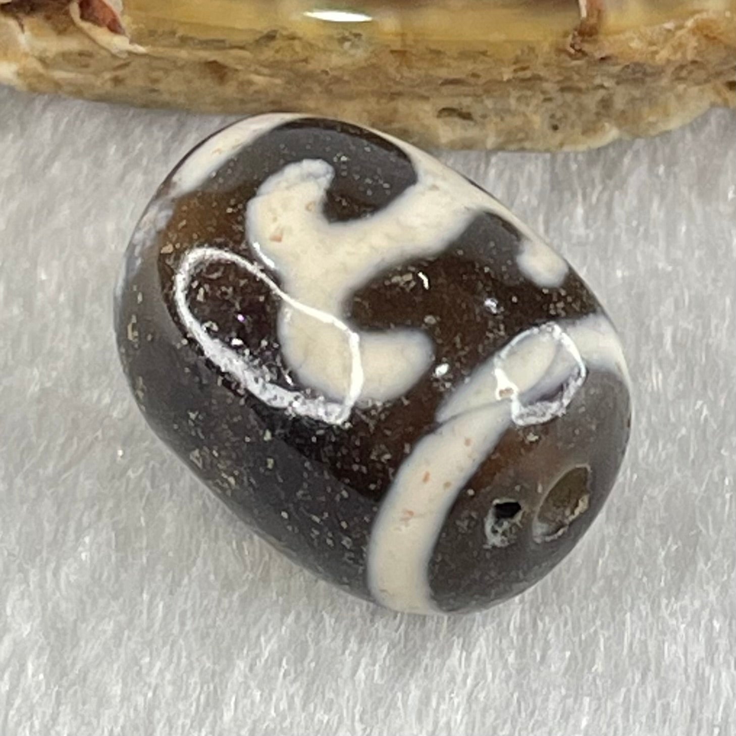 Natural Powerful Tibetan Old Oily Brown Yellowish White Agate Green Tara Dzi Bead Heavenly Master (Tian Zhu) 绿度母天珠 4.62g 17.5 by 13.3mm - Huangs Jadeite and Jewelry Pte Ltd