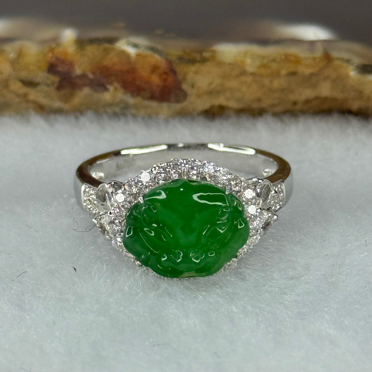 Type A Burmese Jade Jadeite Pixiu Head in 18k white gold with white sapphires and diamonds 4.17g pixiu head 9.0 by 11.0 by 2.0mm inner diameter 17.4mm US7 HK15 with NGI Cert - Huangs Jadeite and Jewelry Pte Ltd