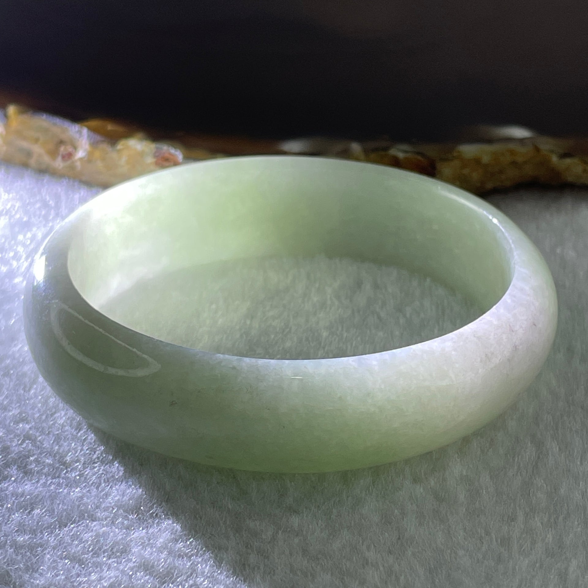 Type A Natural Light Green Light Lavender Jadeite Oval Bangle 42.33g Inner Diameter 53.1mm 14.6 by 6.3mm (Internal Line) - Huangs Jadeite and Jewelry Pte Ltd