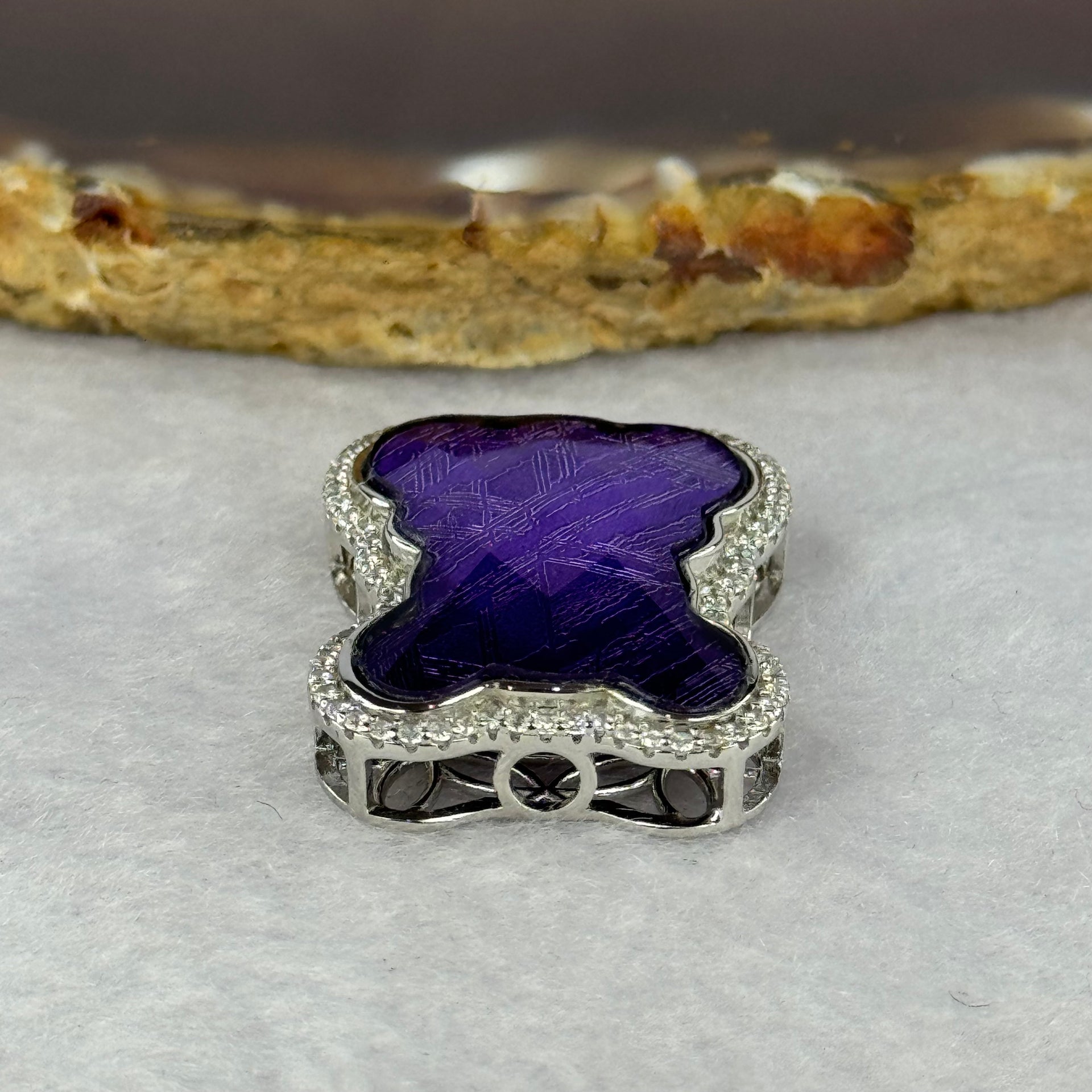 Natural Meteorite Bear Charm / Pendant in S925 Silver with Crystals For Necklace / Bracelet (Purple Color) 7.32g  26.1 by 21.4 by 8.4mm - Huangs Jadeite and Jewelry Pte Ltd