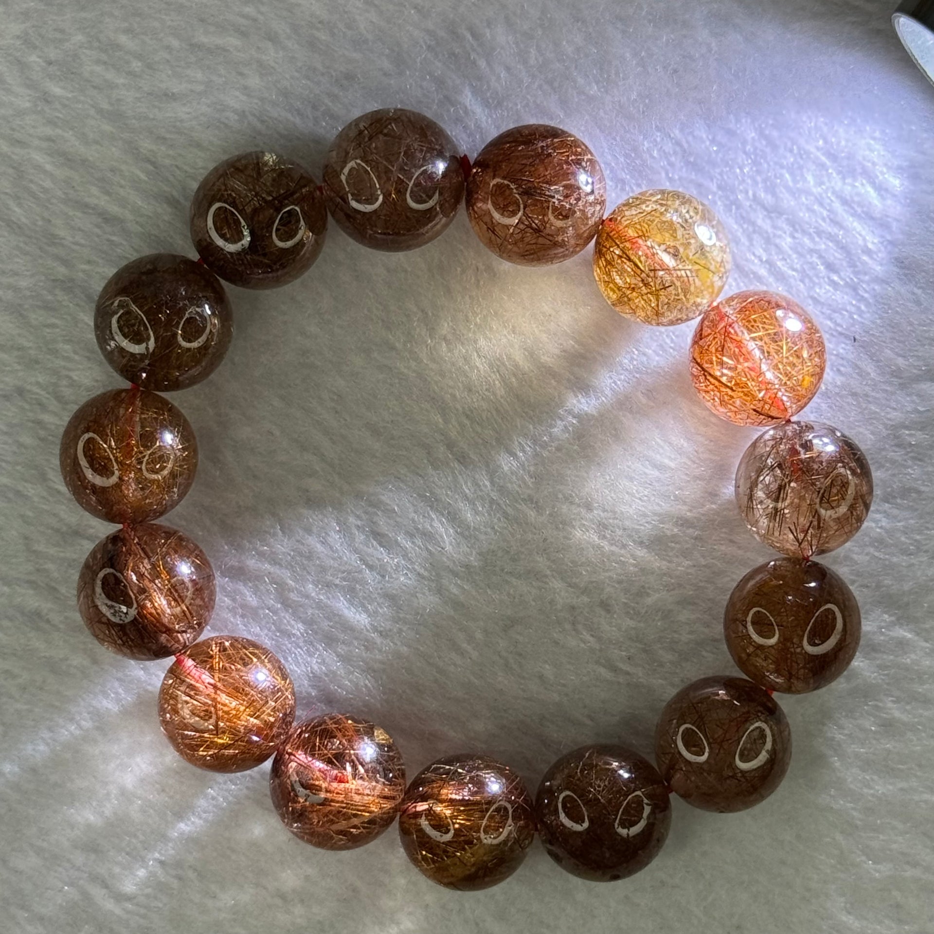 Natural Copper Rutilated Quartz Beads Bracelet 銅髮晶手镯 52.90g 17.5cm 14.mm 15 Beads - Huangs Jadeite and Jewelry Pte Ltd