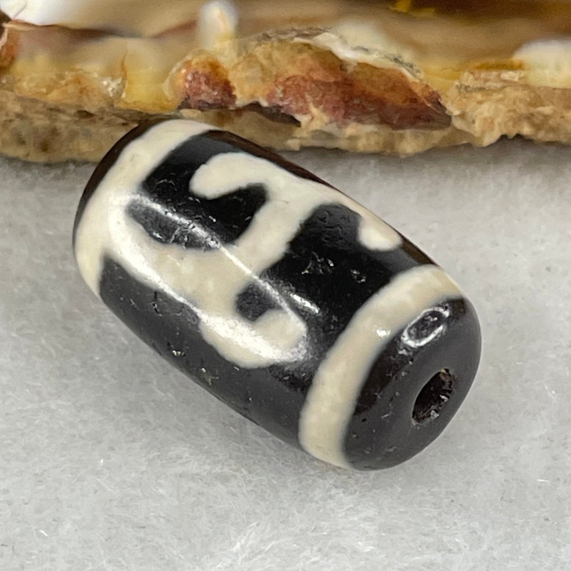 Natural Powerful Tibetan Old Oily Black White Agate Green Tara Dzi Bead Heavenly Master (Tian Zhu) 绿度母天珠 3.94g 19.6 by 11.1mm - Huangs Jadeite and Jewelry Pte Ltd