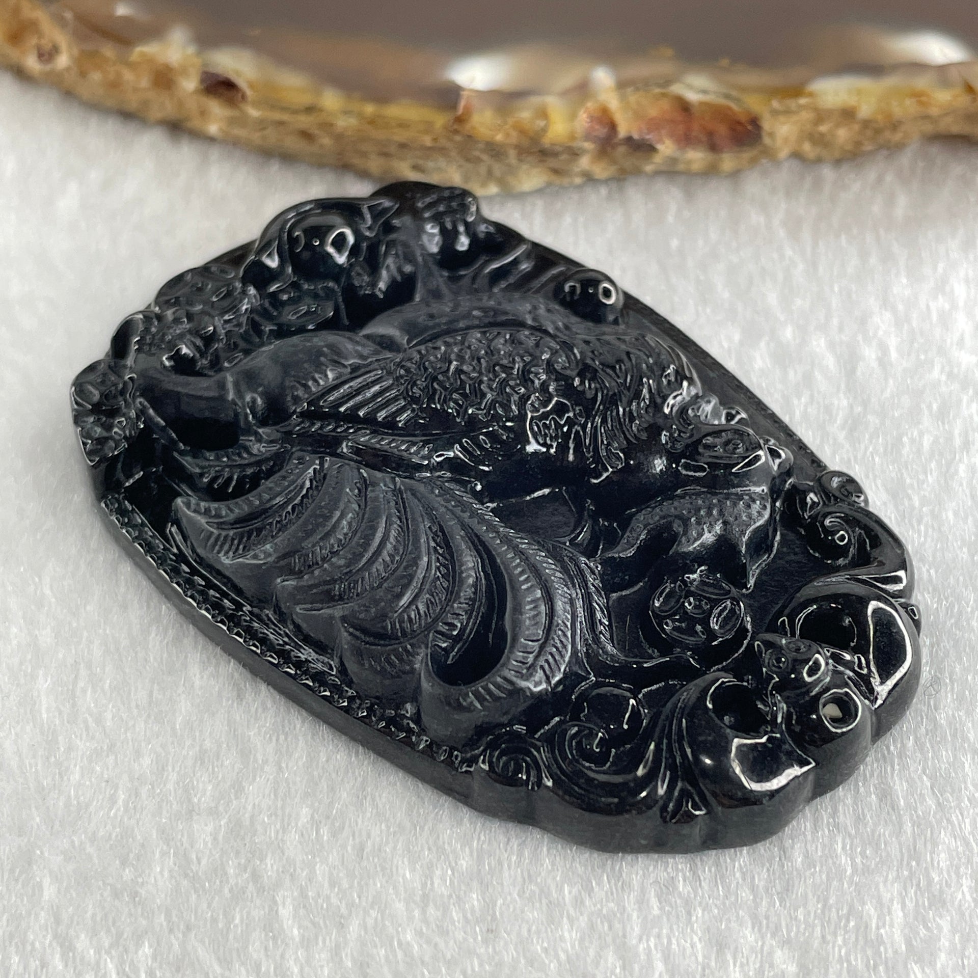 Type A Opaque to Partial Translucent Black Omphacite Jadeite Rooster Pendant 25.65g 59.3 by 40.1 by 8.9mm - Huangs Jadeite and Jewelry Pte Ltd
