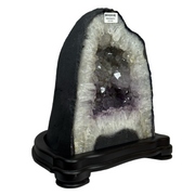 Natural Triangular Shape Amethyst Cave with Wooden Display 12,879.2g 285.0 by 240.0 by 300.0mm - Huangs Jadeite and Jewelry Pte Ltd