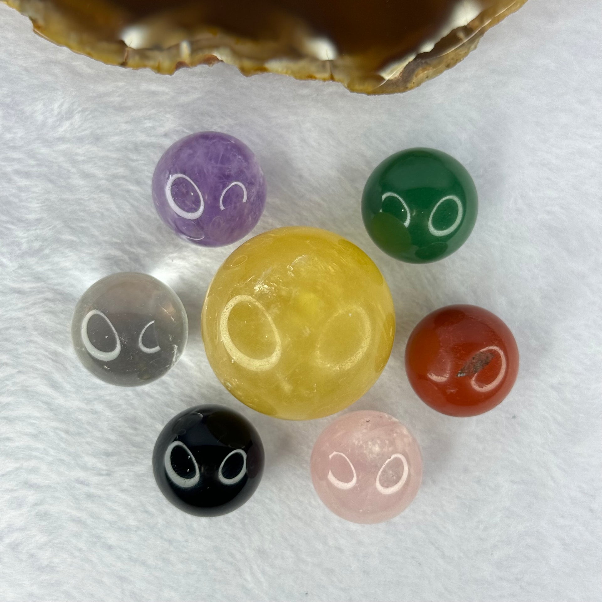 Natural Crystals 7 Stars Colourful 5 Elements Sphere Ball Set 天然水晶球七星阵摆件七彩招財五行珠五行阵 155.09g 74.9 by 42.4m Diameter 33.4mm x 1pc Diameter 12.0mm x 6pcs - Huangs Jadeite and Jewelry Pte Ltd