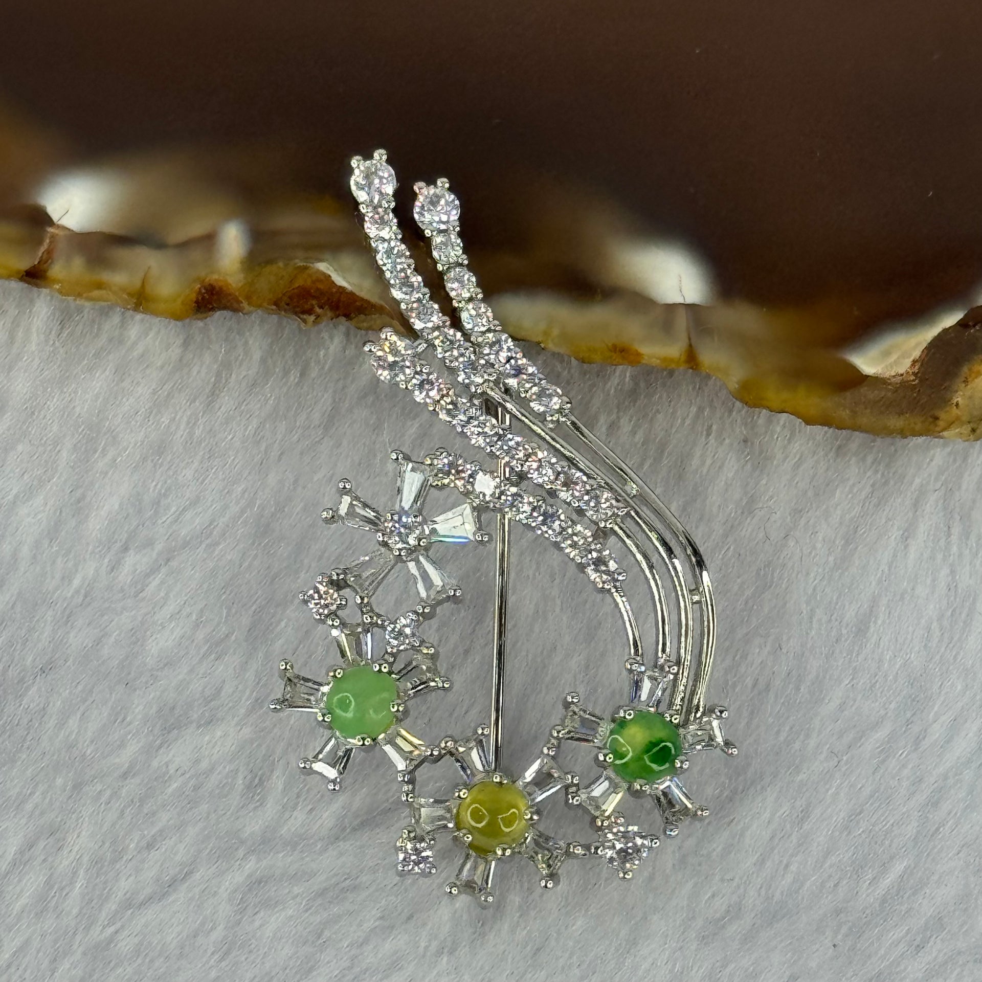 Type A Green Yellow Jadeite with Crystals in S925 Sliver Brooch 4.05g 3.6 by 1.5mm 3pcs - Huangs Jadeite and Jewelry Pte Ltd