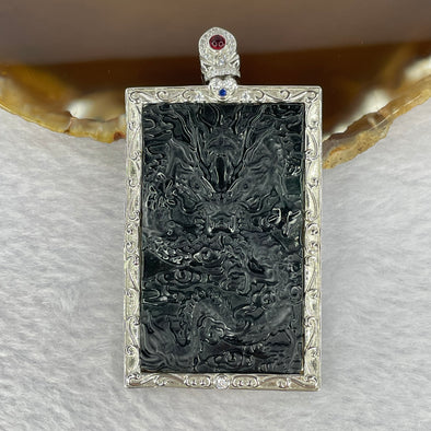 Type A Translucent Black Jadeite Dragon in 925 Silver and Crystals Pendant 21.55g 57.0 by 37.2 by 5.5mm - Huangs Jadeite and Jewelry Pte Ltd