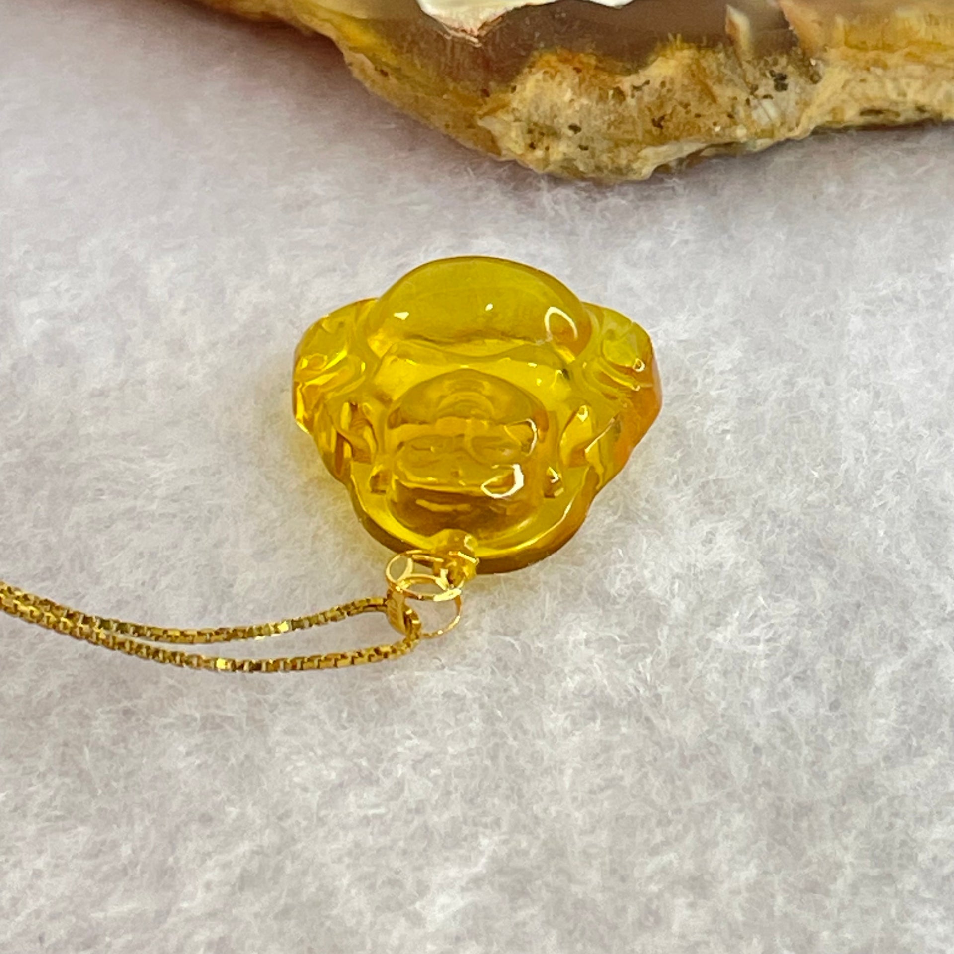 18K Yellow Gold Natural Cognac Amber Milo Buddha Pendent in S925 Sliver Gold Color Necklace 2.05g 18.6 by 17.1 by 5.9mm - Huangs Jadeite and Jewelry Pte Ltd