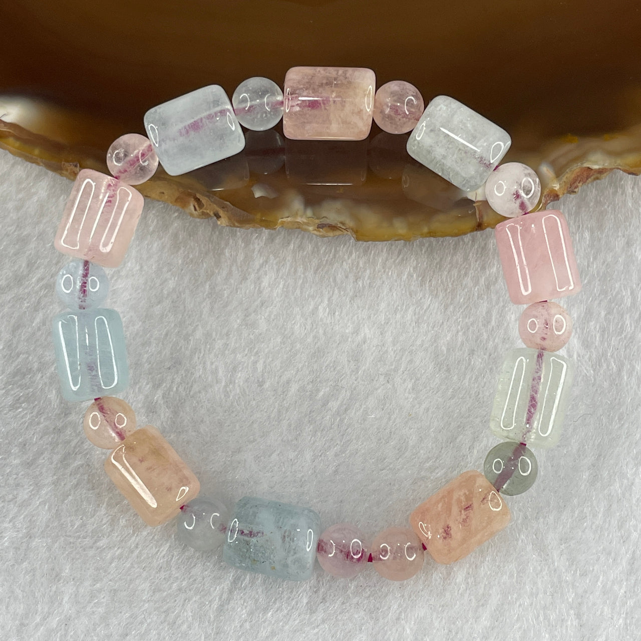 Natural Morganite 10 Pieces Lulu tong Barrel and Beads Bracelet 18.11g 14cm each about 8.5 by 10.7mm